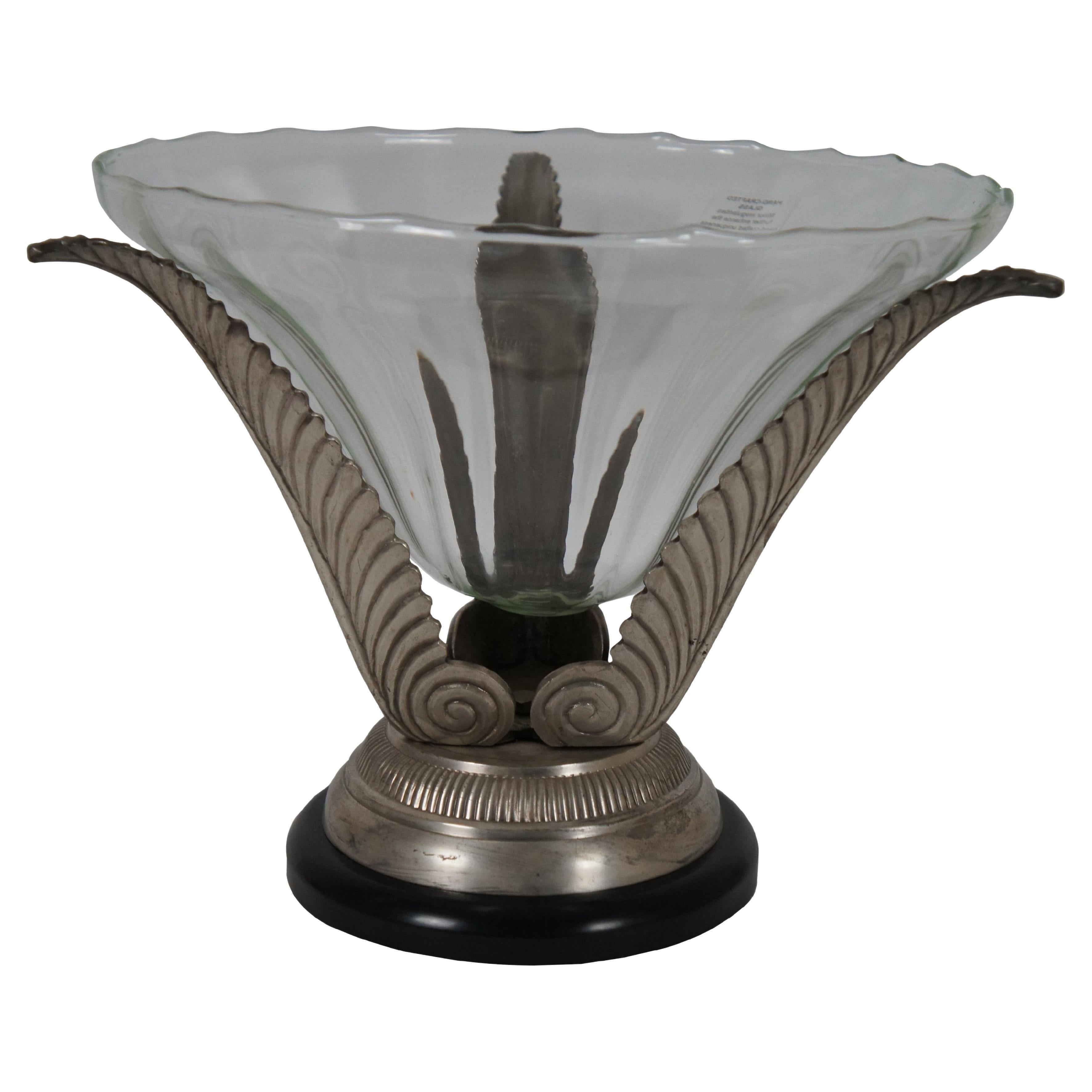 Bol de centre de table contemporain sur pied en forme de feuille d'acanthe en argent et verre fait main