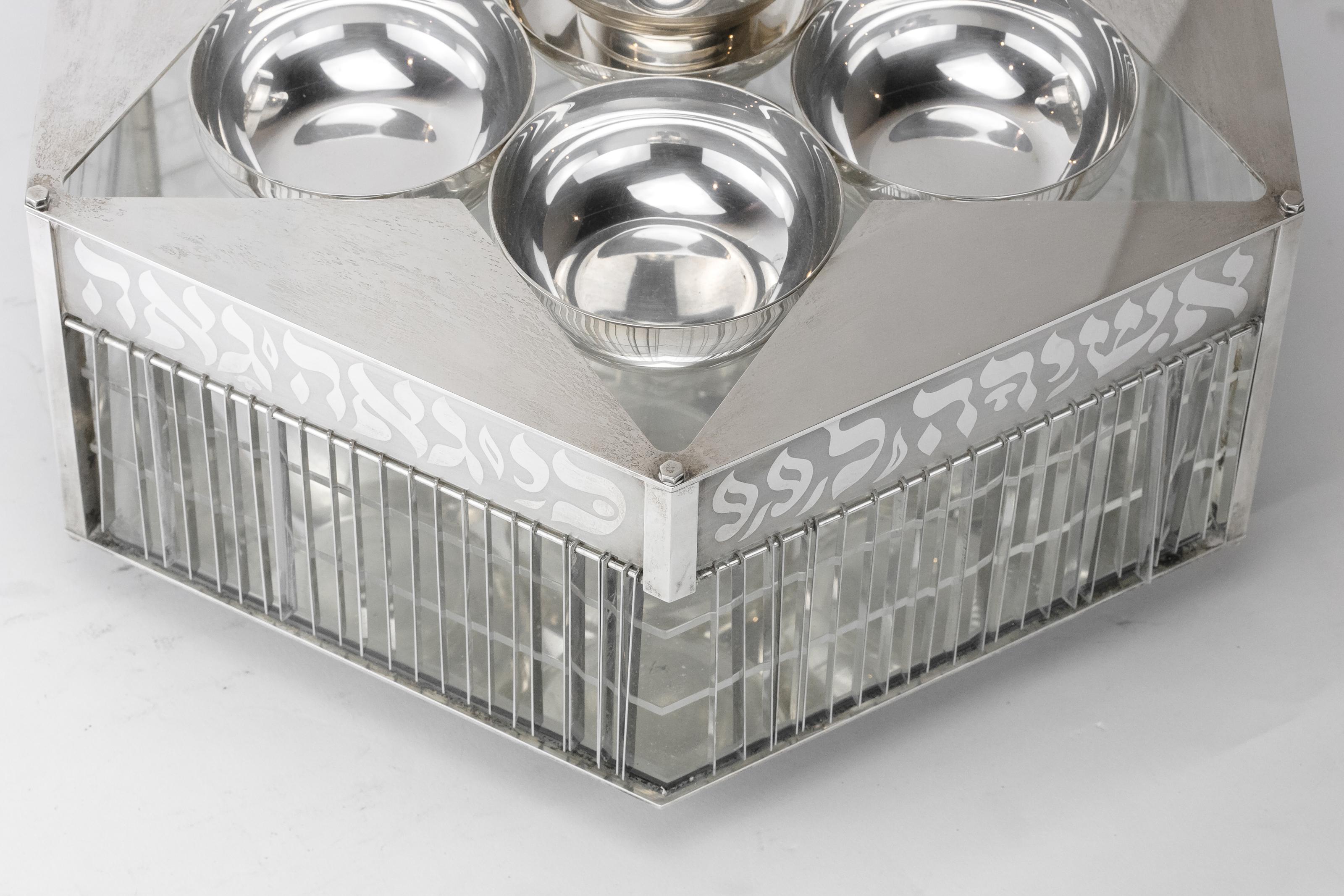 Israeli Contemporary Silver and Glass Passover Set by Menachem Berman