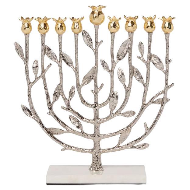 Contemporary Silver and Gold Cast Metal Pomegranate Menorah For Sale