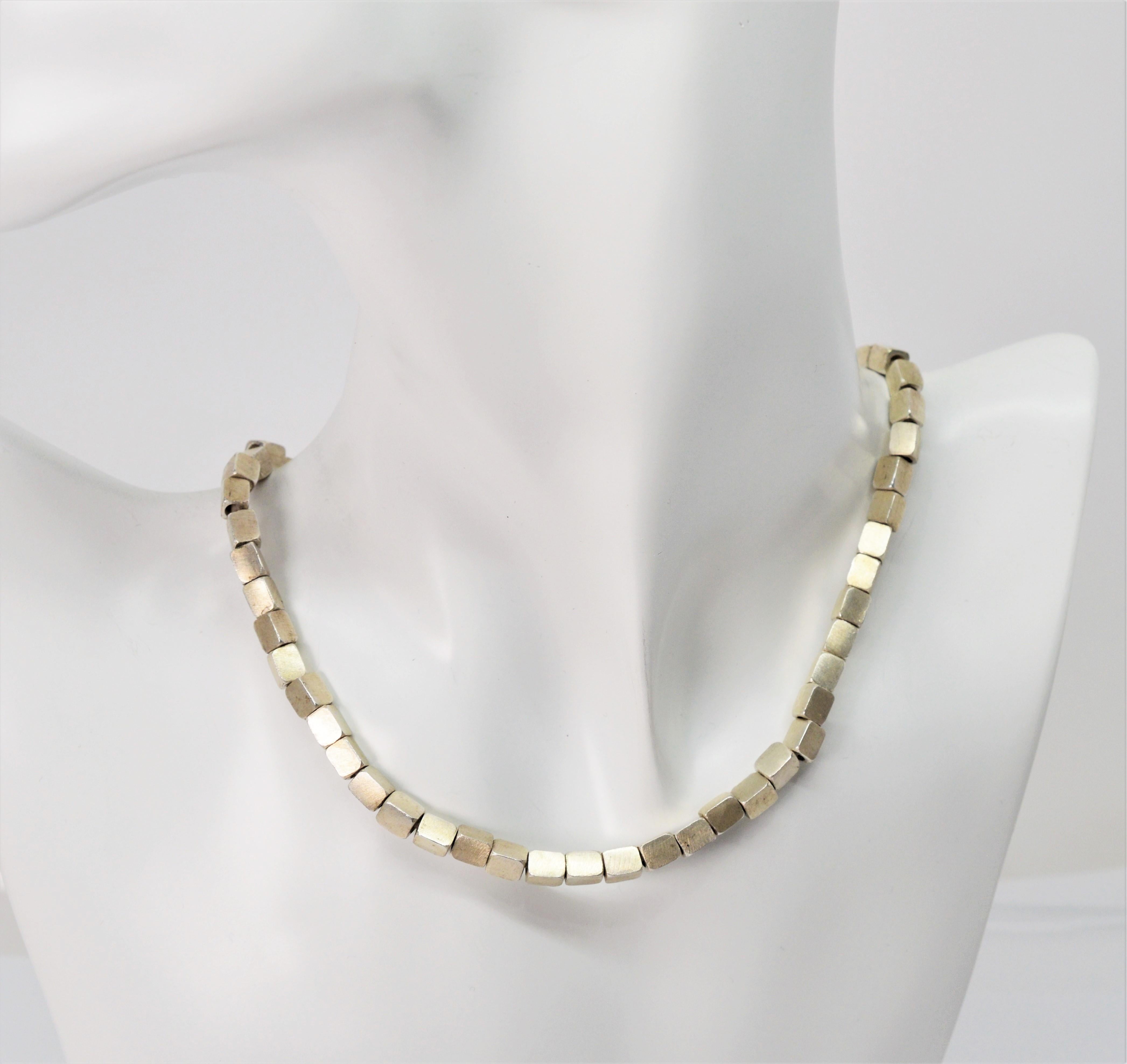 Women's or Men's Contemporary Silver Block Bead Necklace