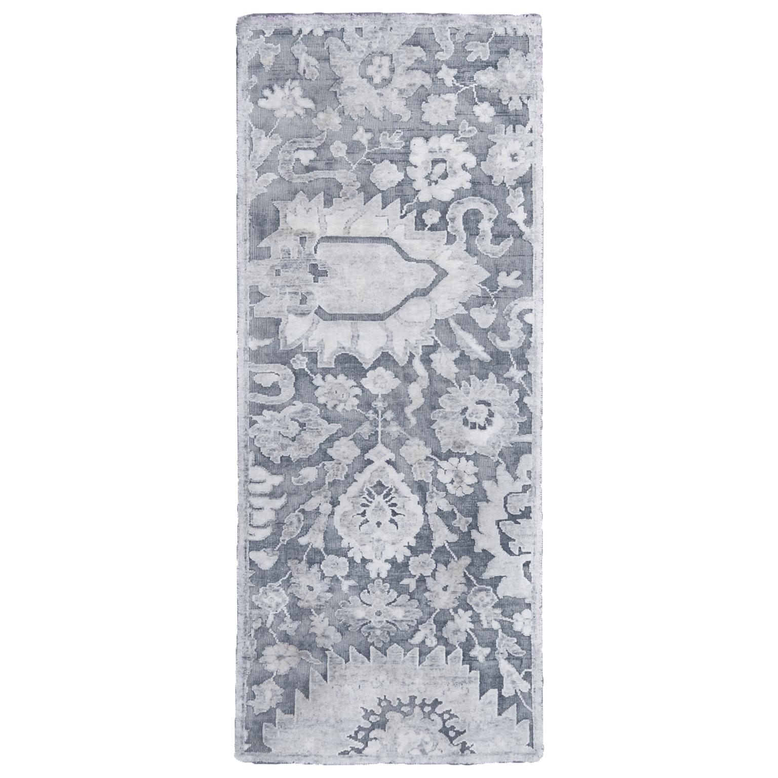 Hand-Knotted Contemporary Silver Gray Wool and Silk Rug