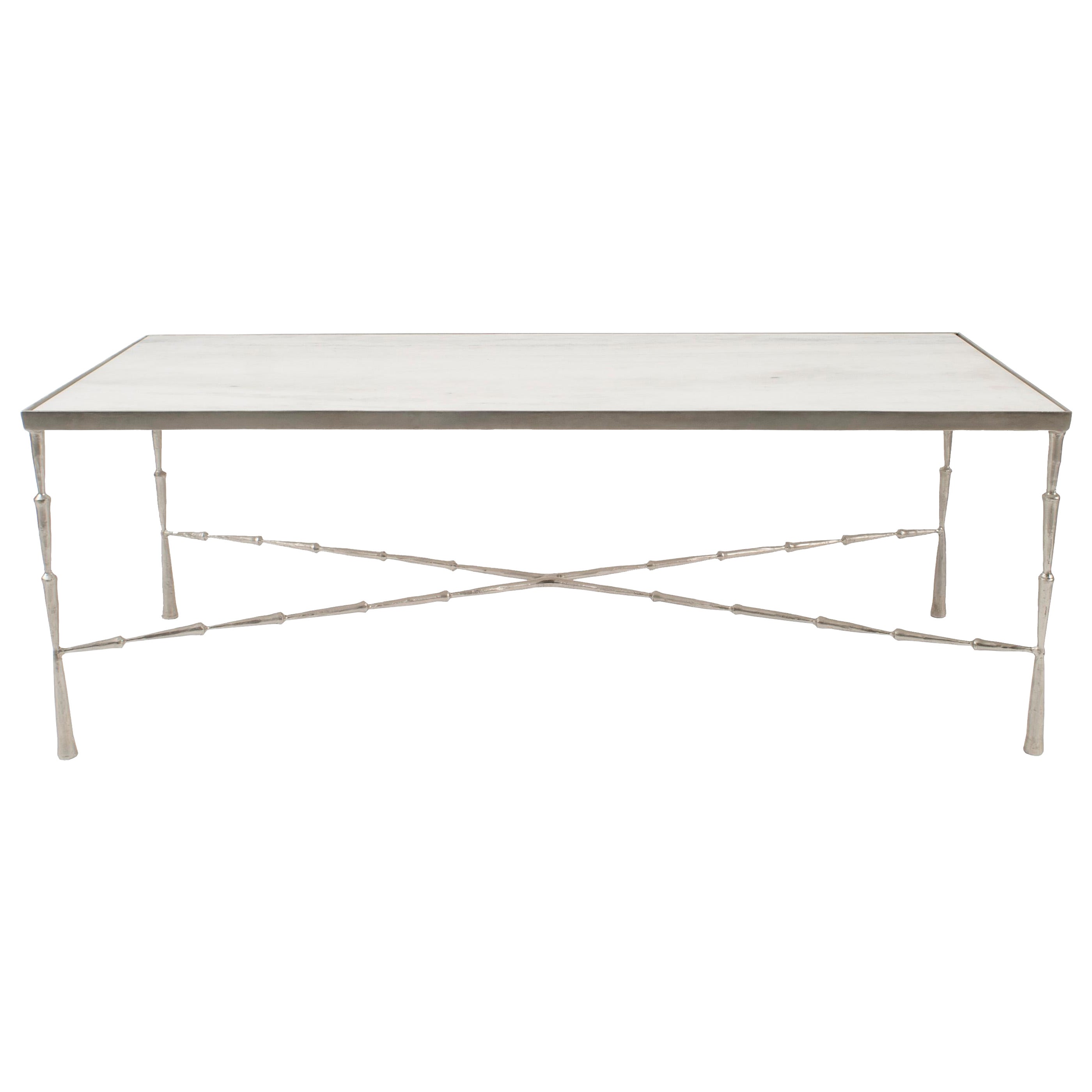 Contemporary Silver Metal Faux Bamboo and White Marble Coffee Table For Sale