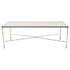 Contemporary Silver Metal Faux Bamboo and White Marble Coffee Table