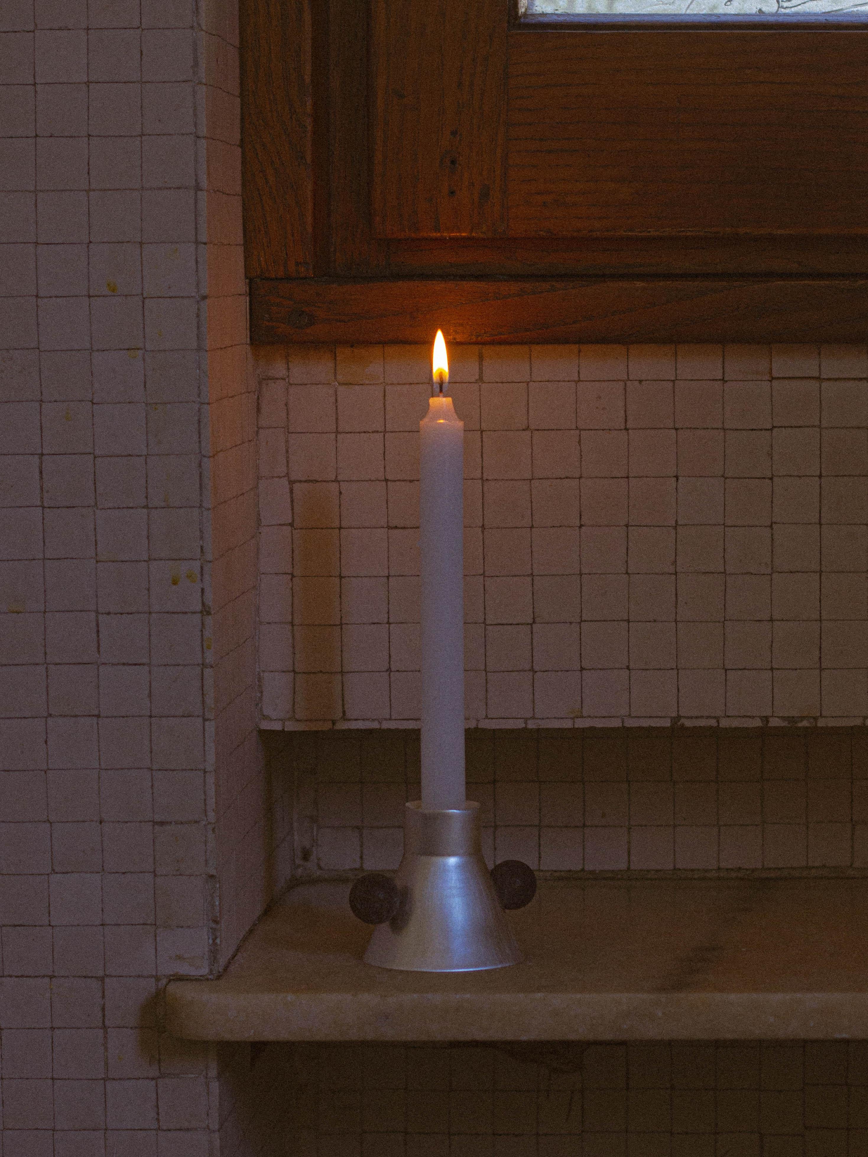 Italian Contemporary Silver Plated Candle Candle Stands Lava Stone by Natalia Criado For Sale