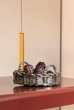 Contemporary Rattan Metal-Plated Handmade willow Basket, Made in Italy