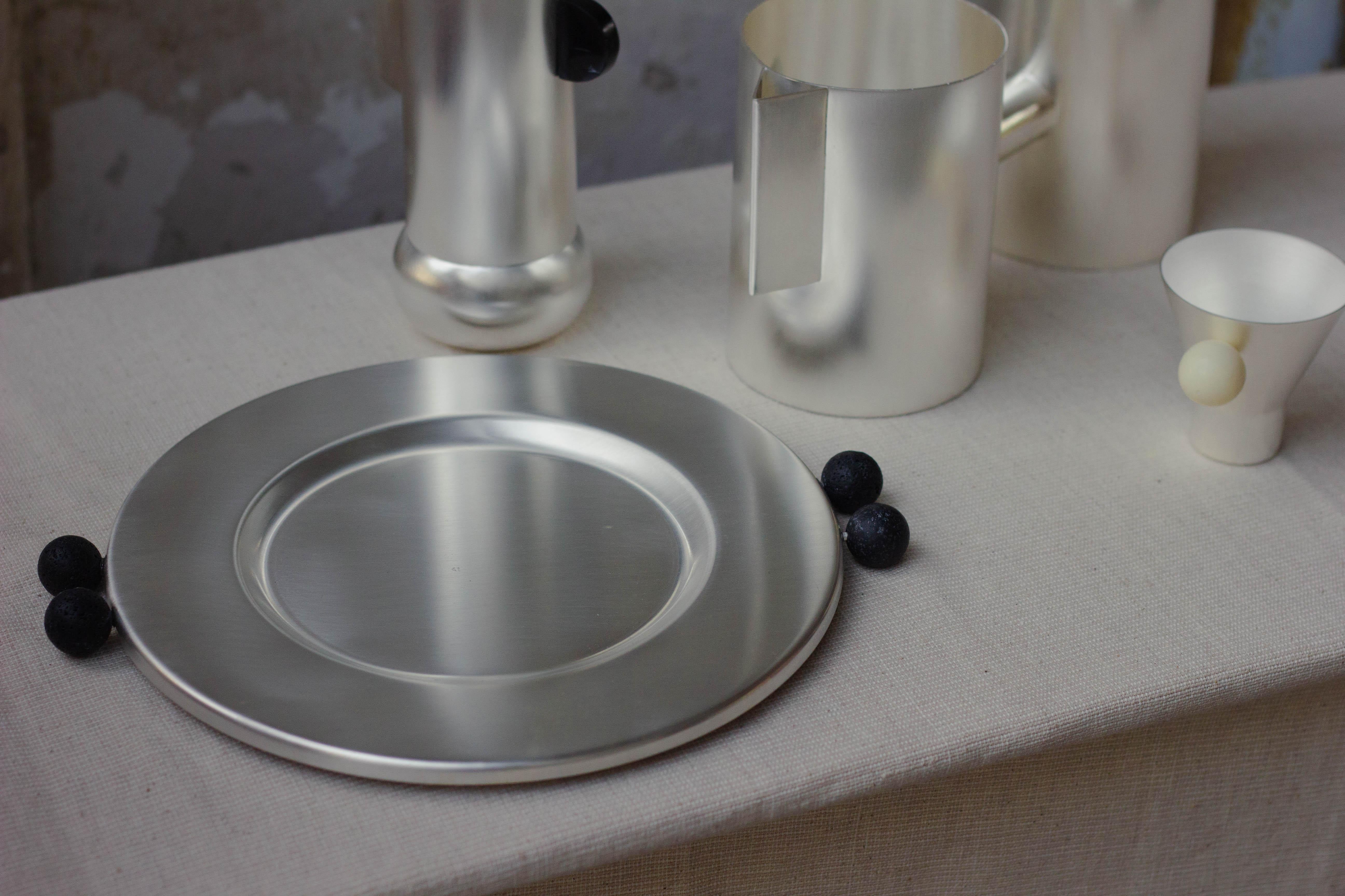 Italian Contemporary Silver Plated Plate Lava Stone Handcrafted Natalia Criado For Sale