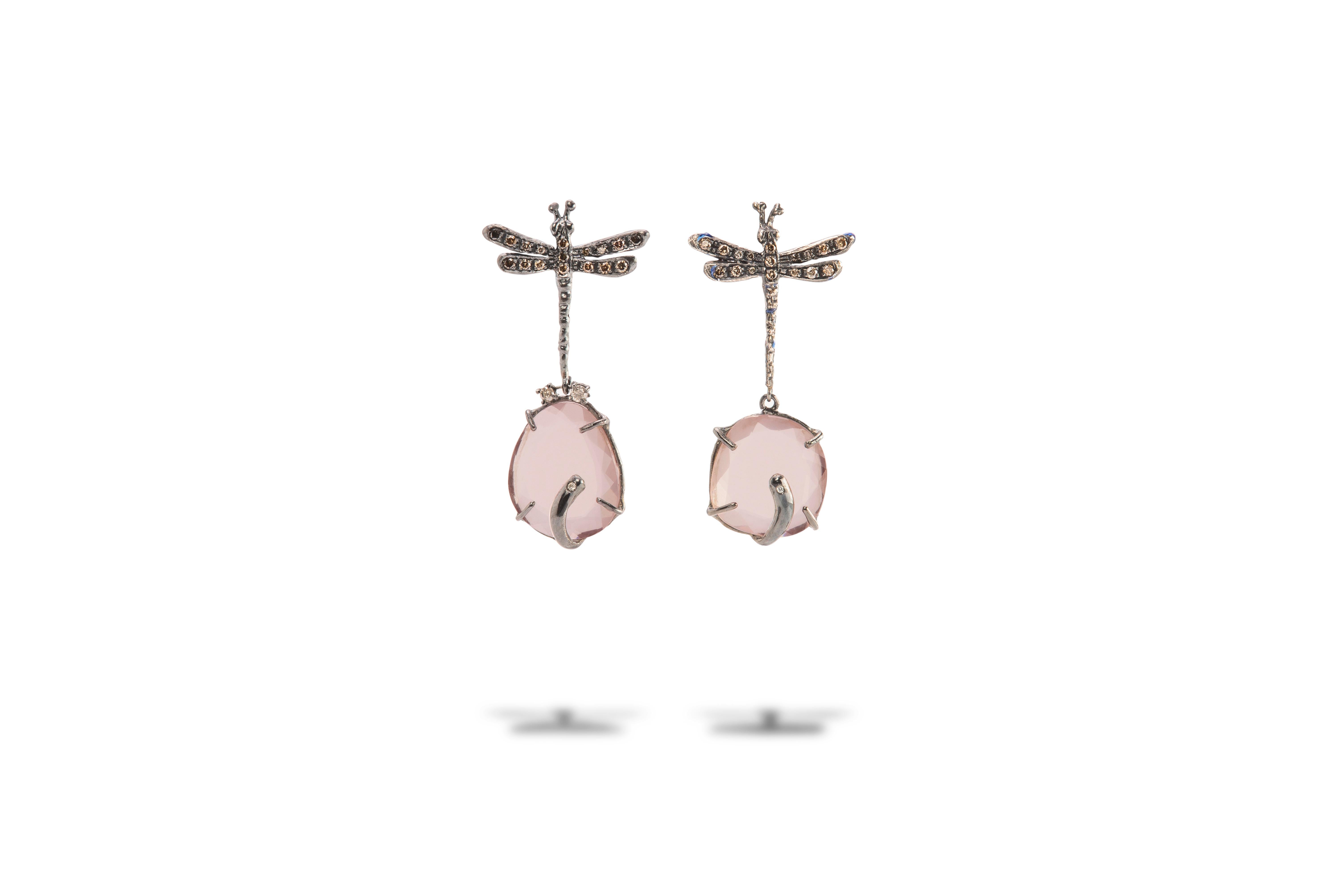 Brilliant Cut Contemporary Dragonfly Rose Quartz 0.50 Karat Diamonds Dangle Earrings For Sale