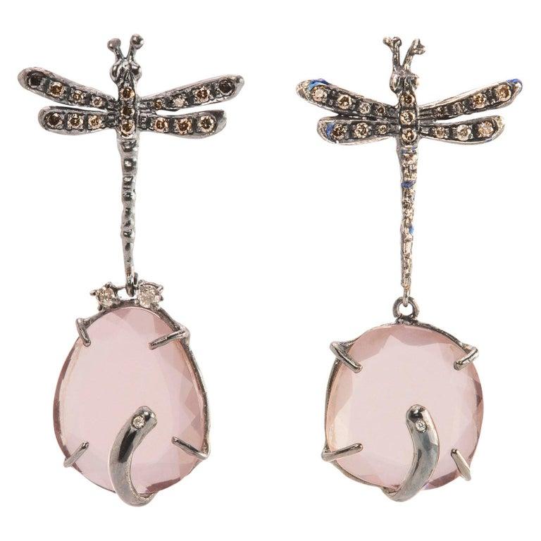 Contemporary Dragonfly Rose Quartz 0.50 Karat Diamonds Dangle Earrings For Sale 1