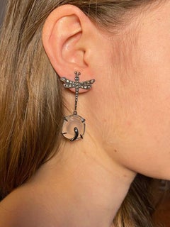 Contemporary Dragonfly Rose Quartz 0.50 Karat Diamonds Dangle Earrings