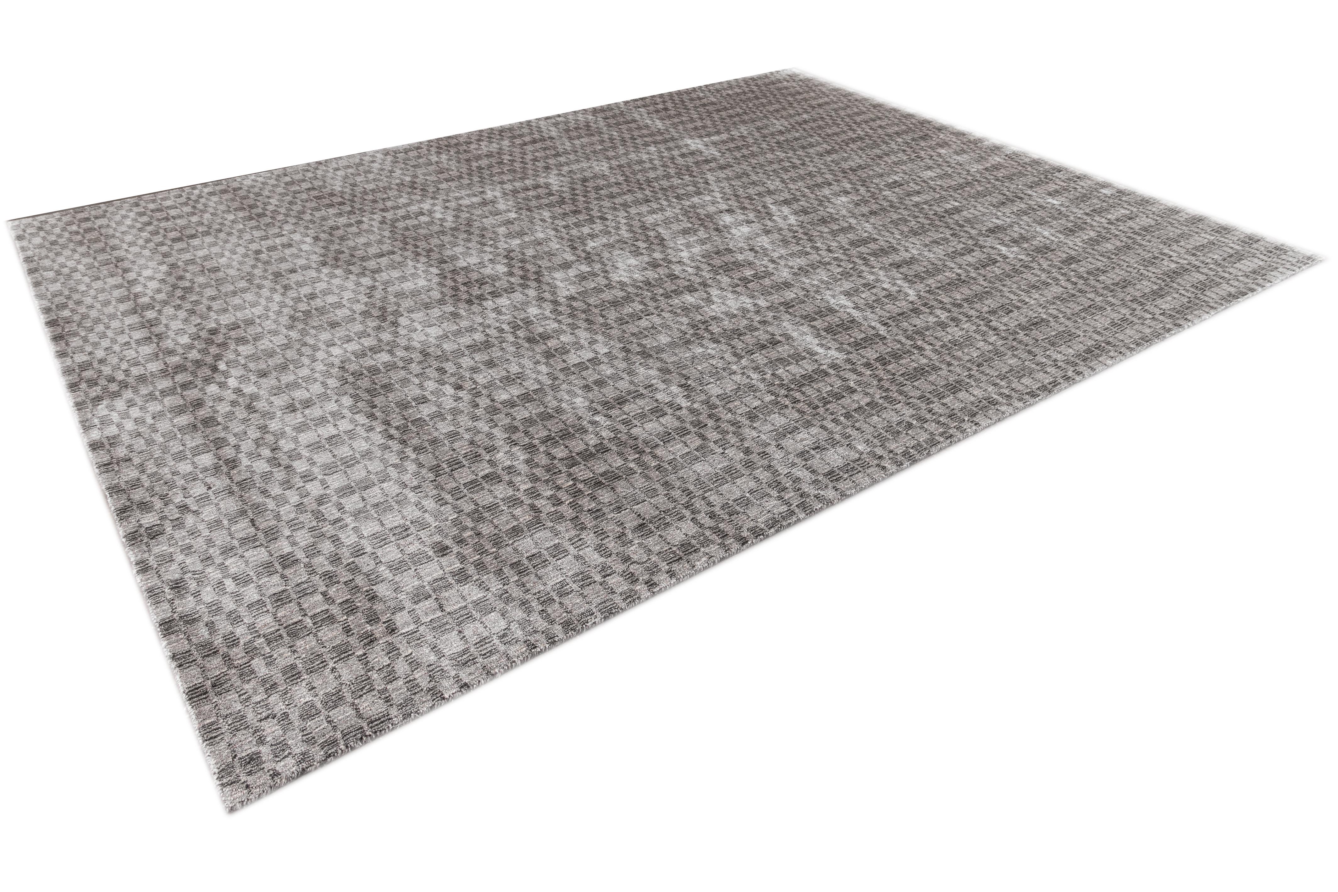 Hand-Knotted Contemporary Silver Silk Room-Size Area Rug For Sale