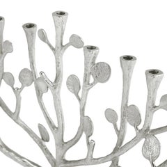 Contemporary Silver-Toned Botanical Leaf Menorah in Sculpted Metal