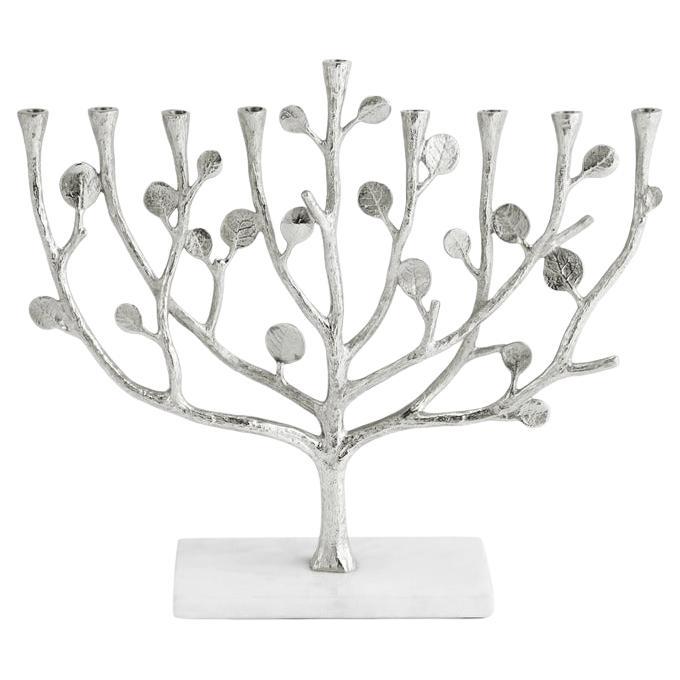 Contemporary Silver-Toned Botanical Leaf Menorah in Sculpted Metal For Sale