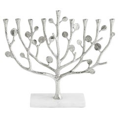Contemporary Silver-Toned Botanical Leaf Menorah in Sculpted Metal