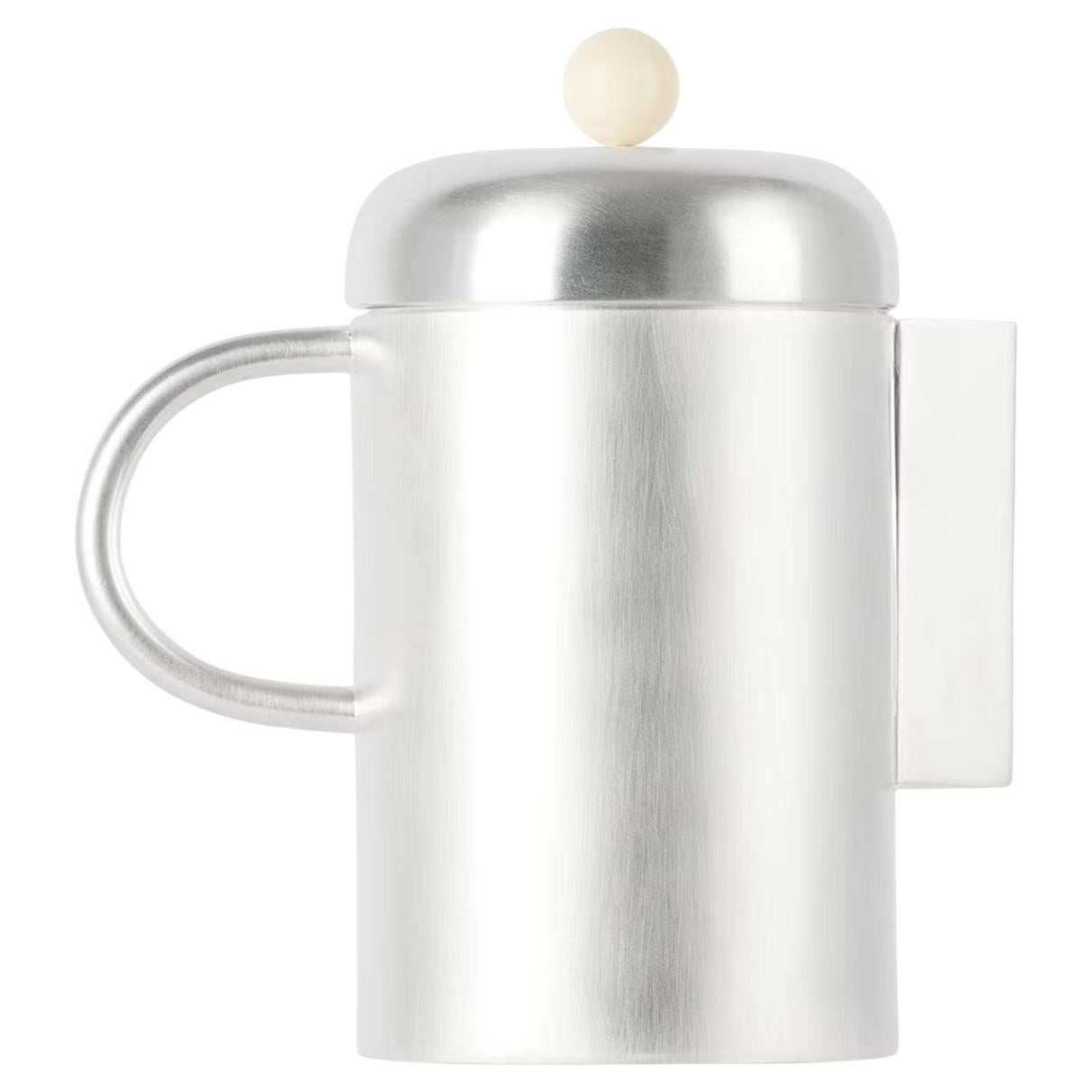 Contemporary Simple Coffee Container Silver White Stone Artisanal Natalia Criado im Angebot