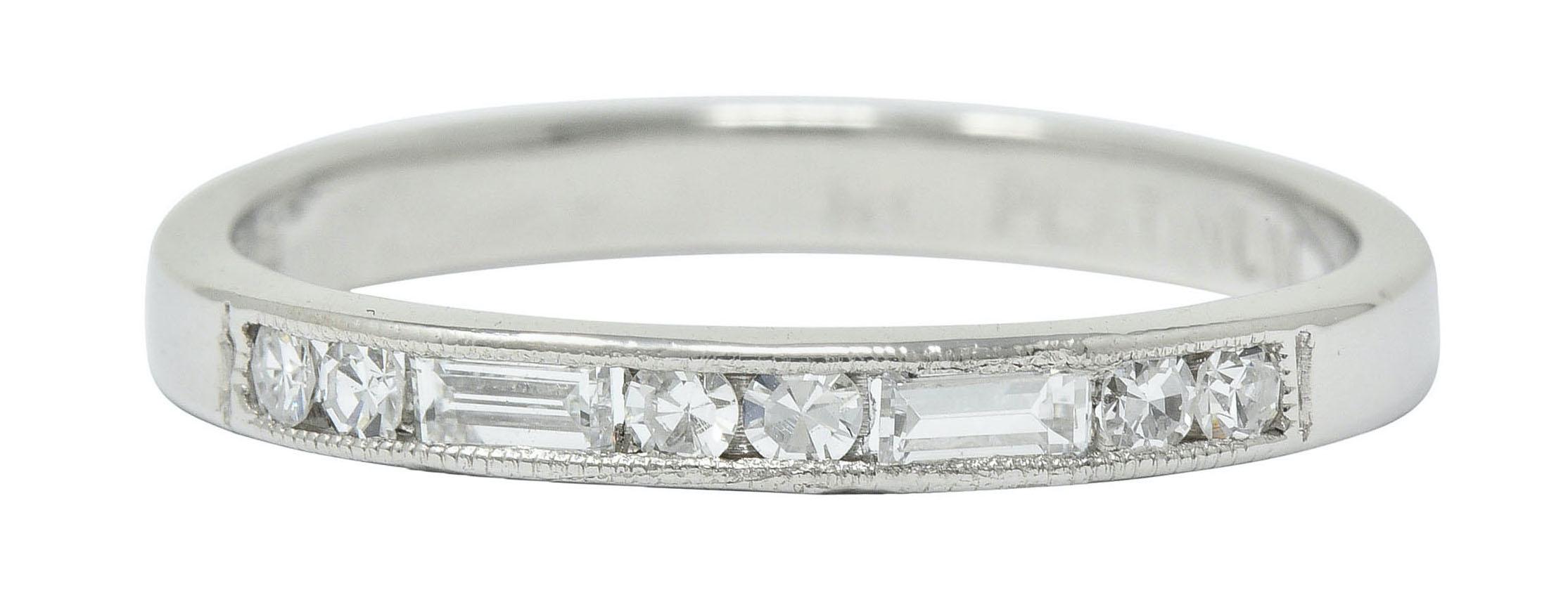 Contemporary Single Baguette Cut Diamond Platinum Channel Band Ring In Excellent Condition In Philadelphia, PA