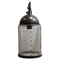 Contemporary Single Brushed Metal Pendant Light with Cage, Italy