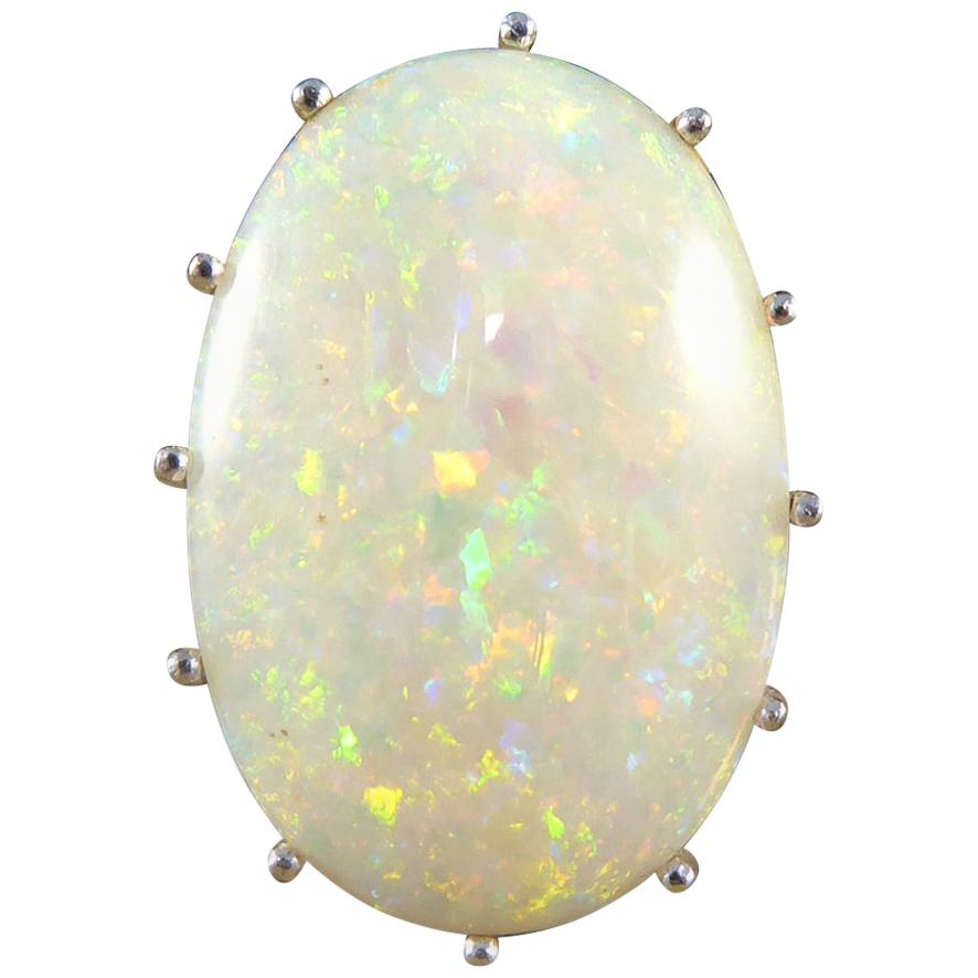 Contemporary Single Oval Colorful Opal Ring in 18 Carat White Gold