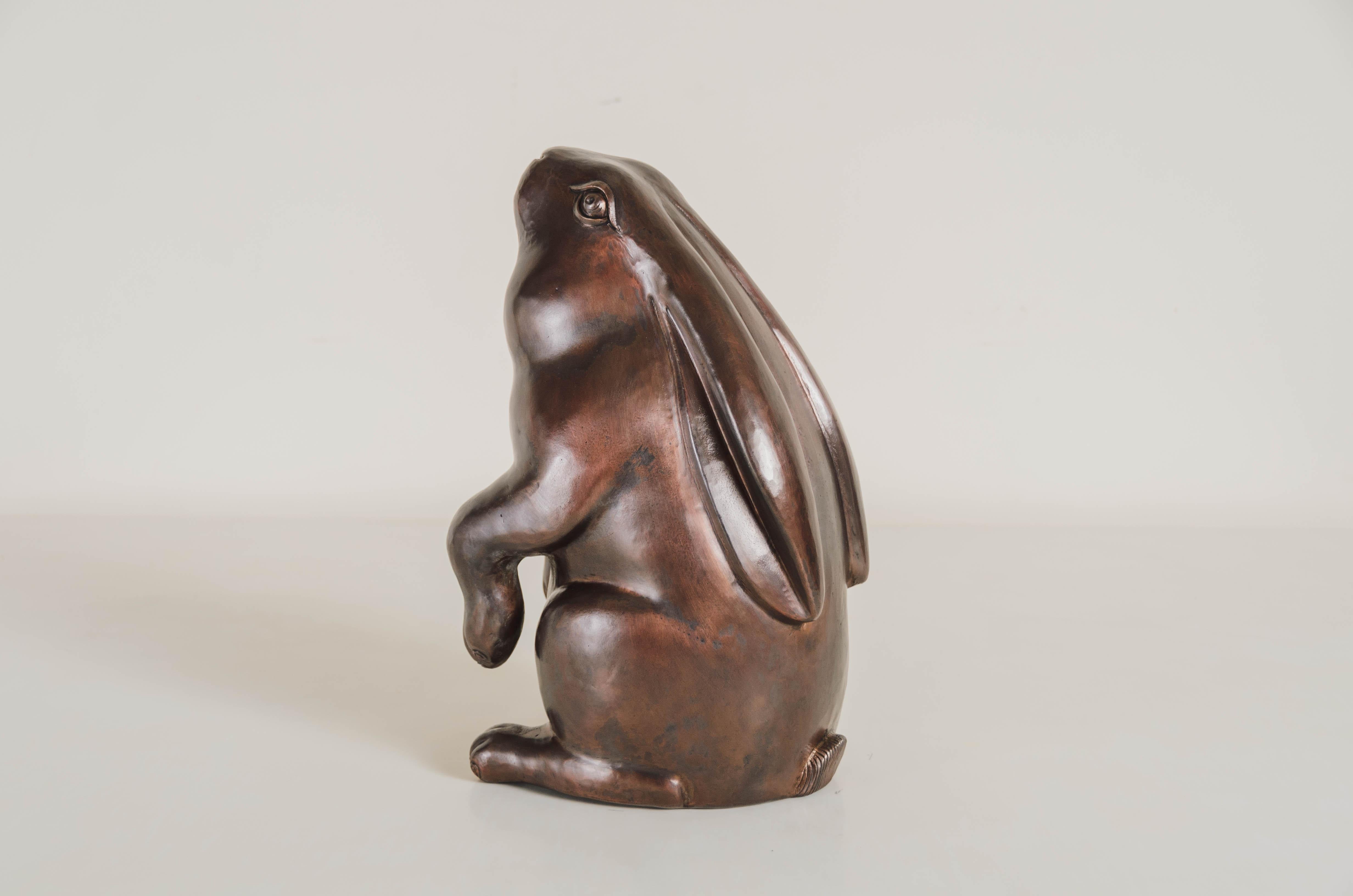 Contemporary Sitting Rabbit Sculpture in Antique Copper by Robert Kuo In New Condition For Sale In Los Angeles, CA