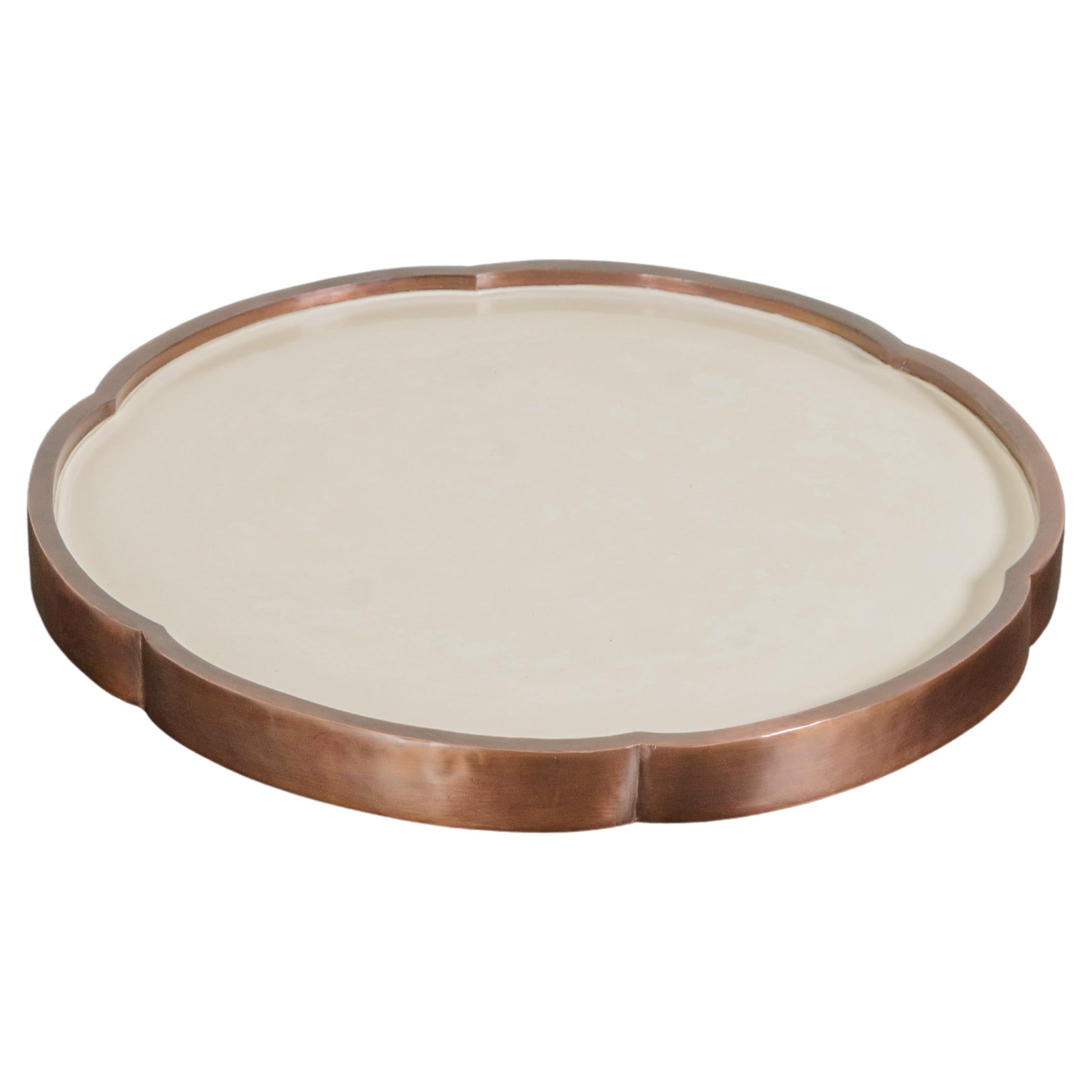 Contemporary Six Petal Tray in Cream Lacquer and Antiqued Copper by Robert Kuo