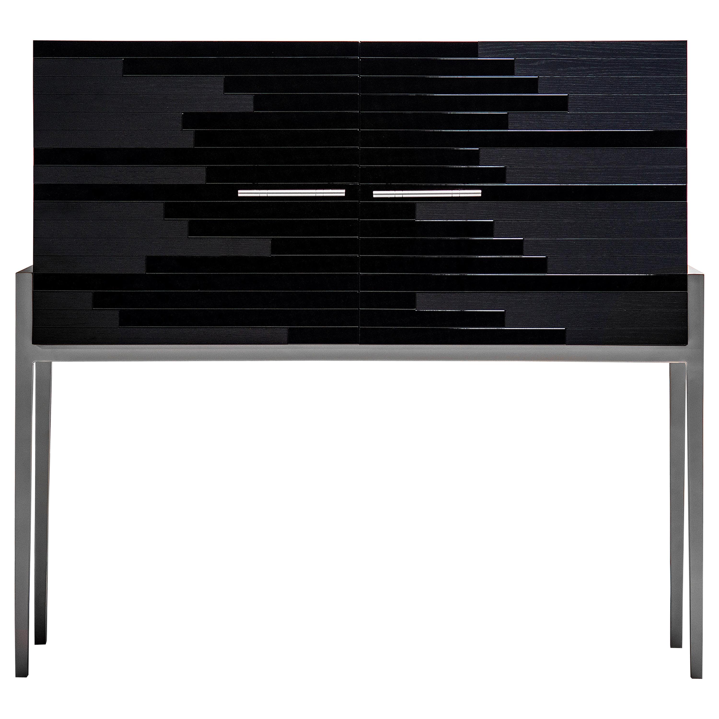 Contemporary Small Cabinet for Living Room in Black Lacquer and Black Oak 