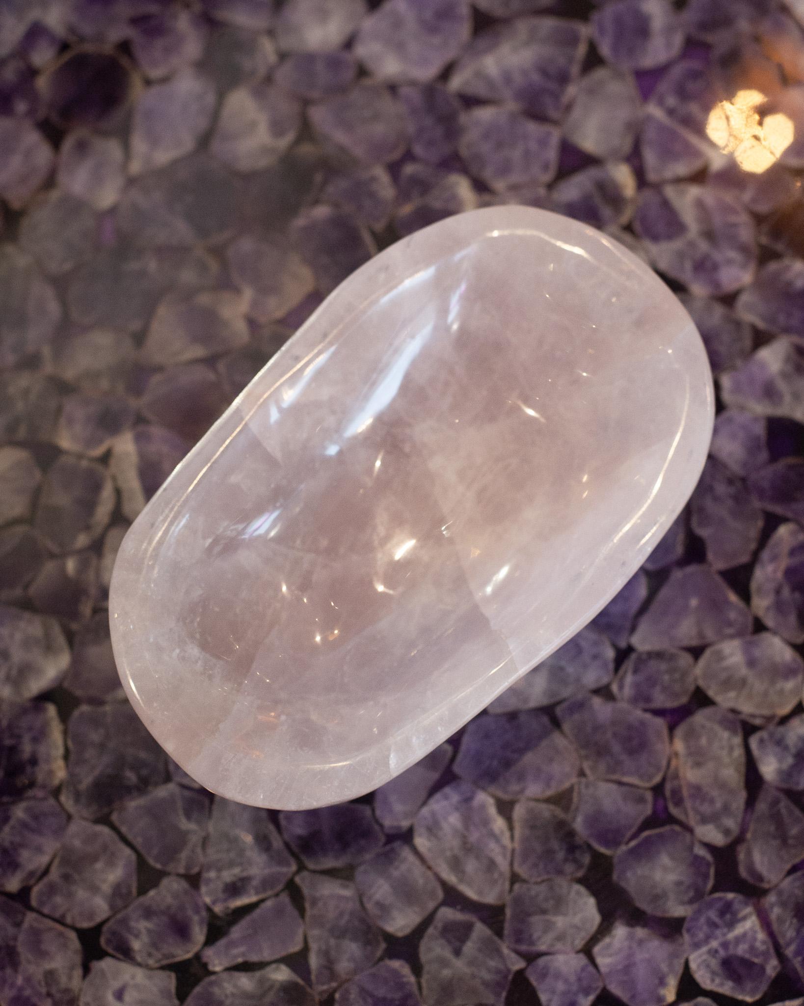 American Contemporary Small Hand Carved Rose Quartz Crystal Bowl For Sale