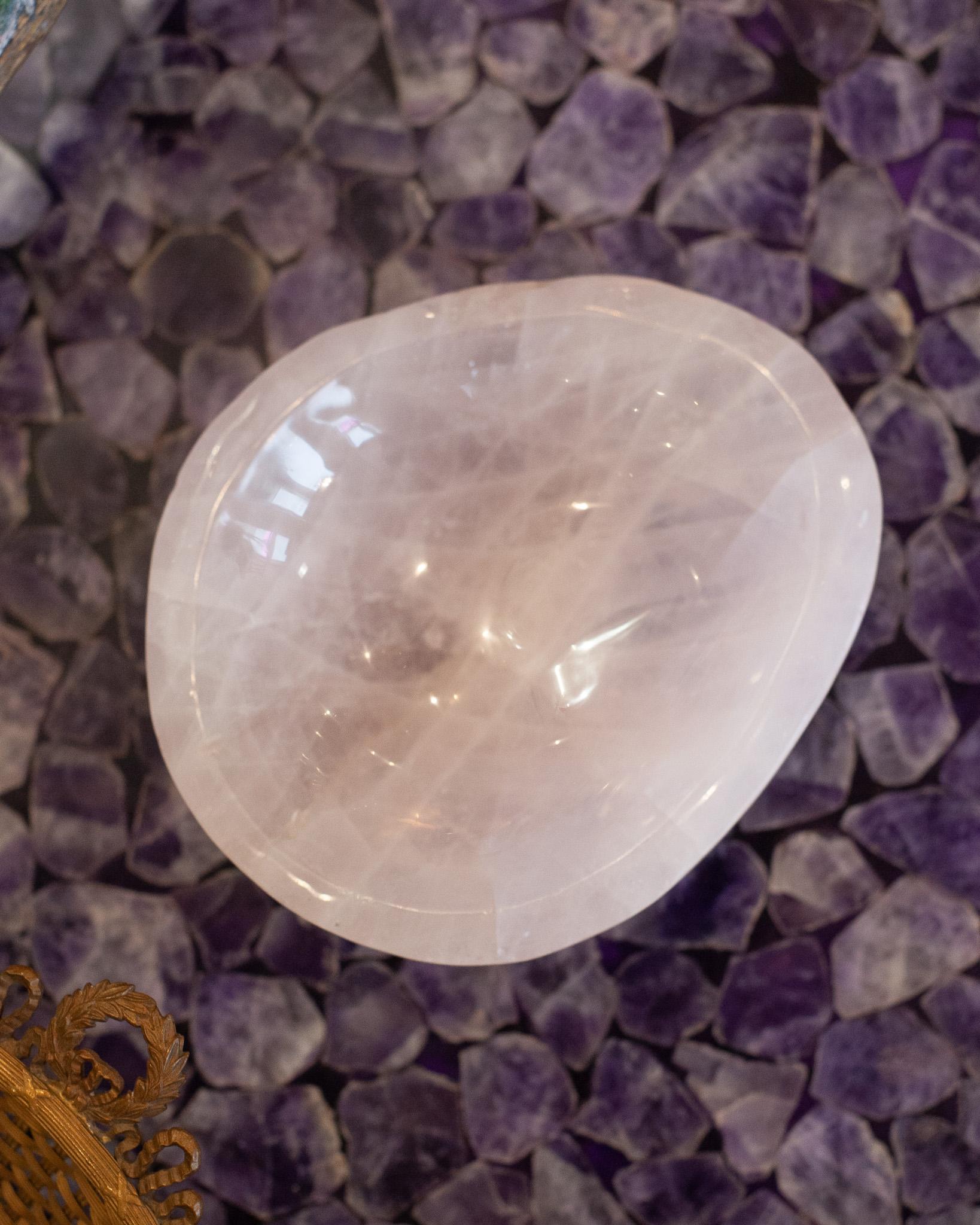 American Contemporary Small Hand Carved Rose Quartz Crystal Bowl For Sale