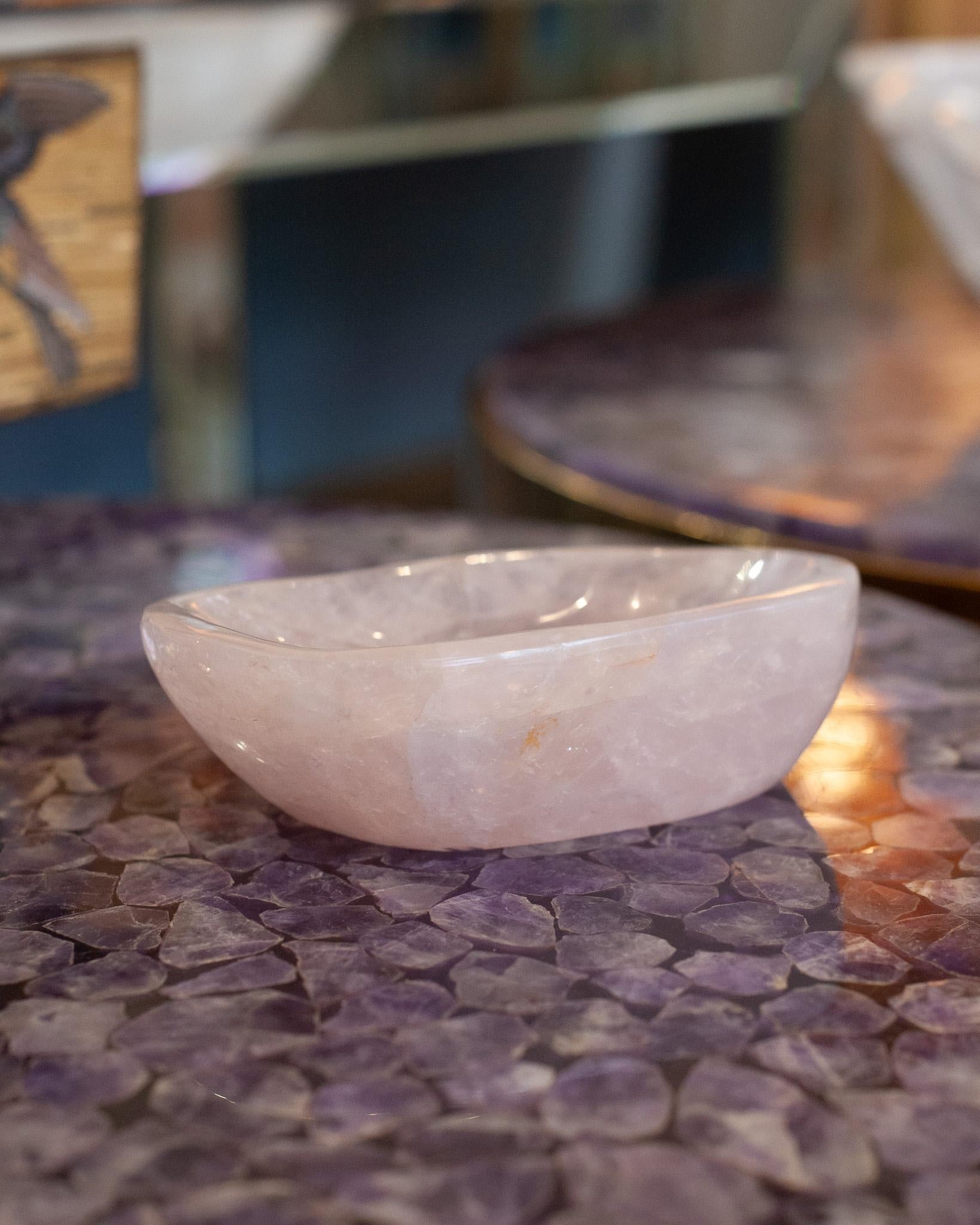 Contemporary Small Hand Carved Rose Quartz Crystal Bowl For Sale 1