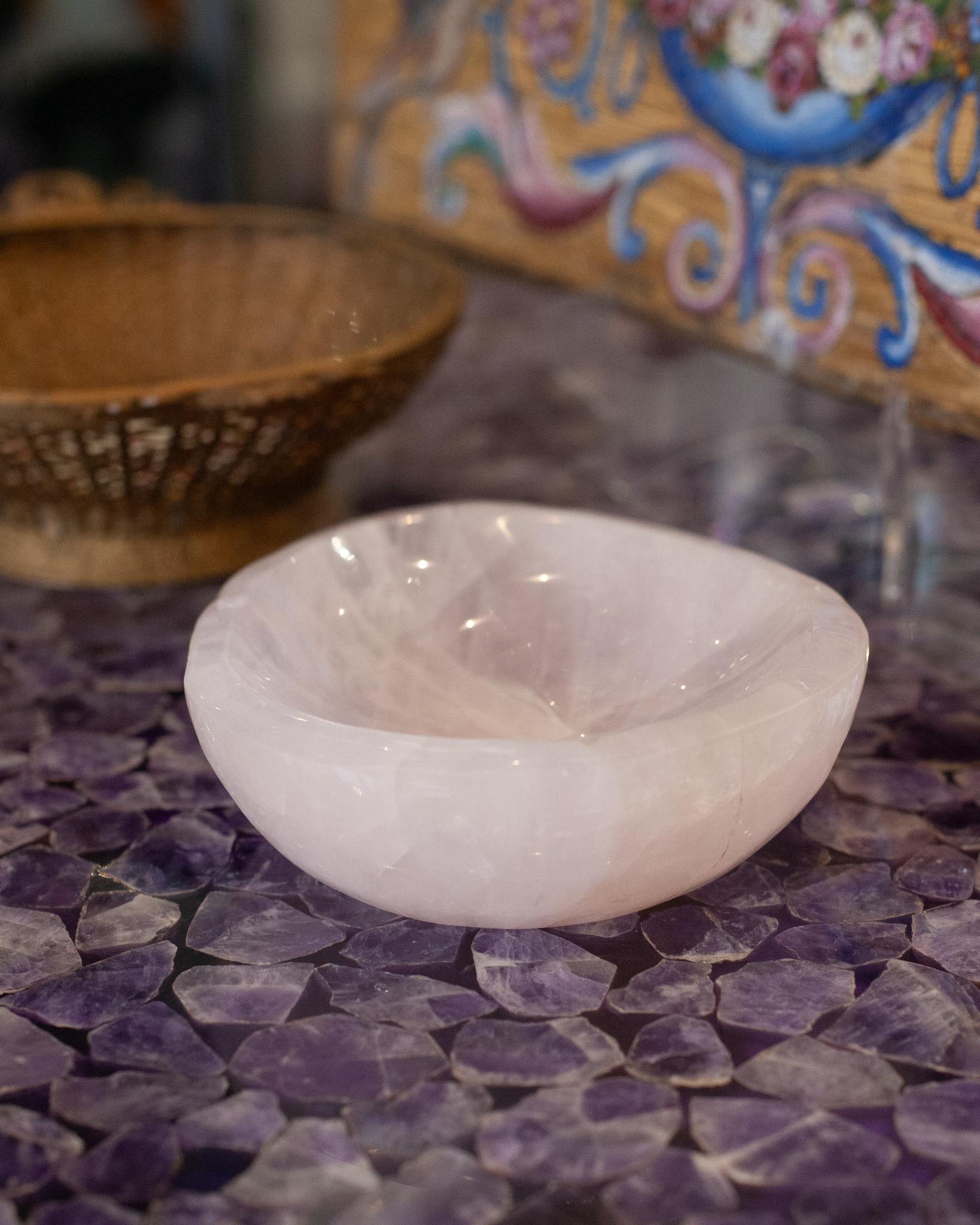 Contemporary Small Hand Carved Rose Quartz Crystal Bowl For Sale 1