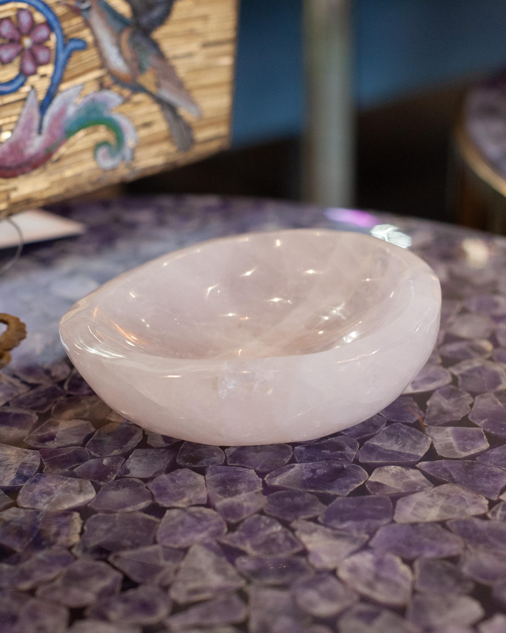 Contemporary Small Hand Carved Rose Quartz Crystal Bowl For Sale 2