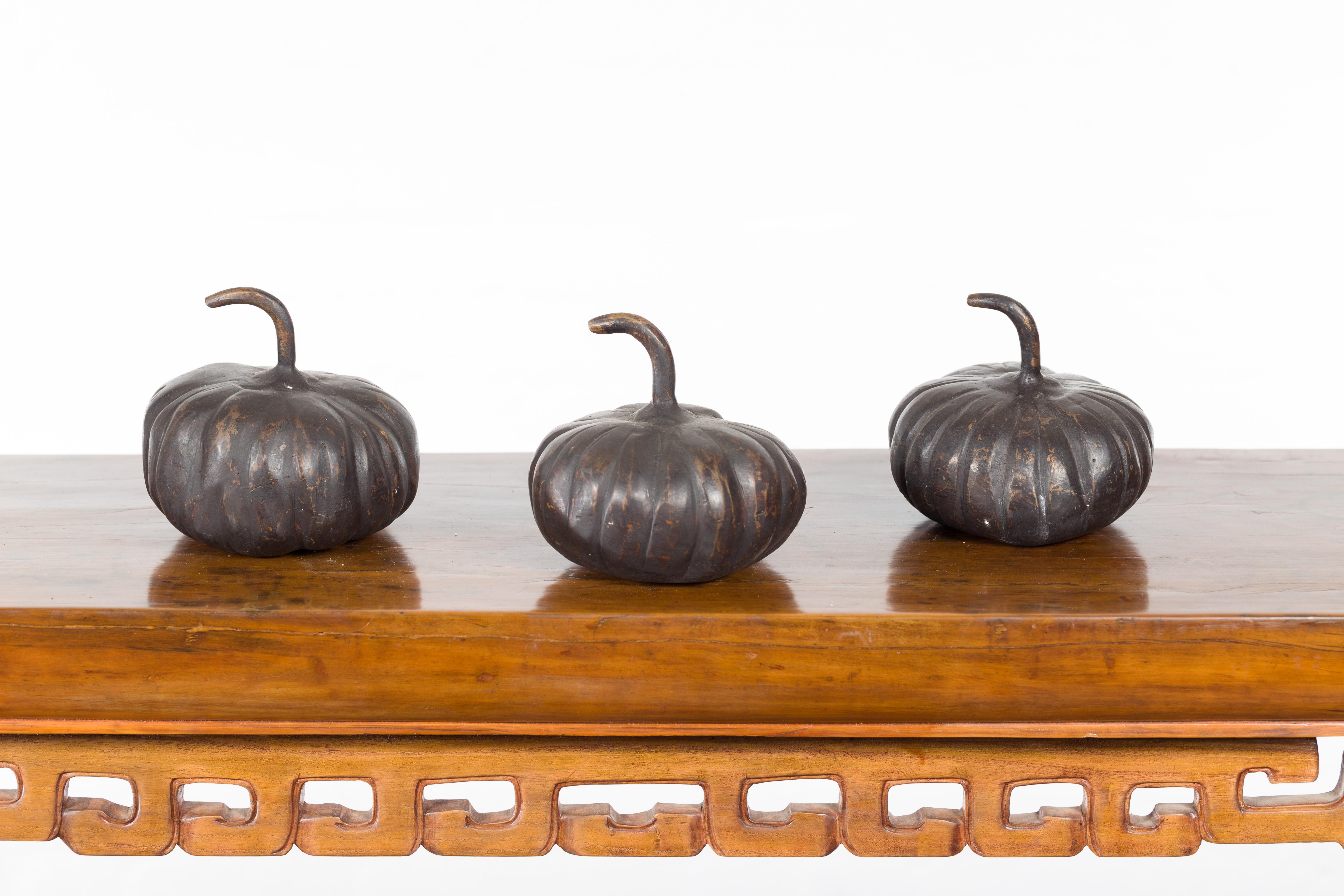 Contemporary Small Lost Wax Bronze Pumpkin Sculpture with Dark Patina, Sold Each For Sale 6