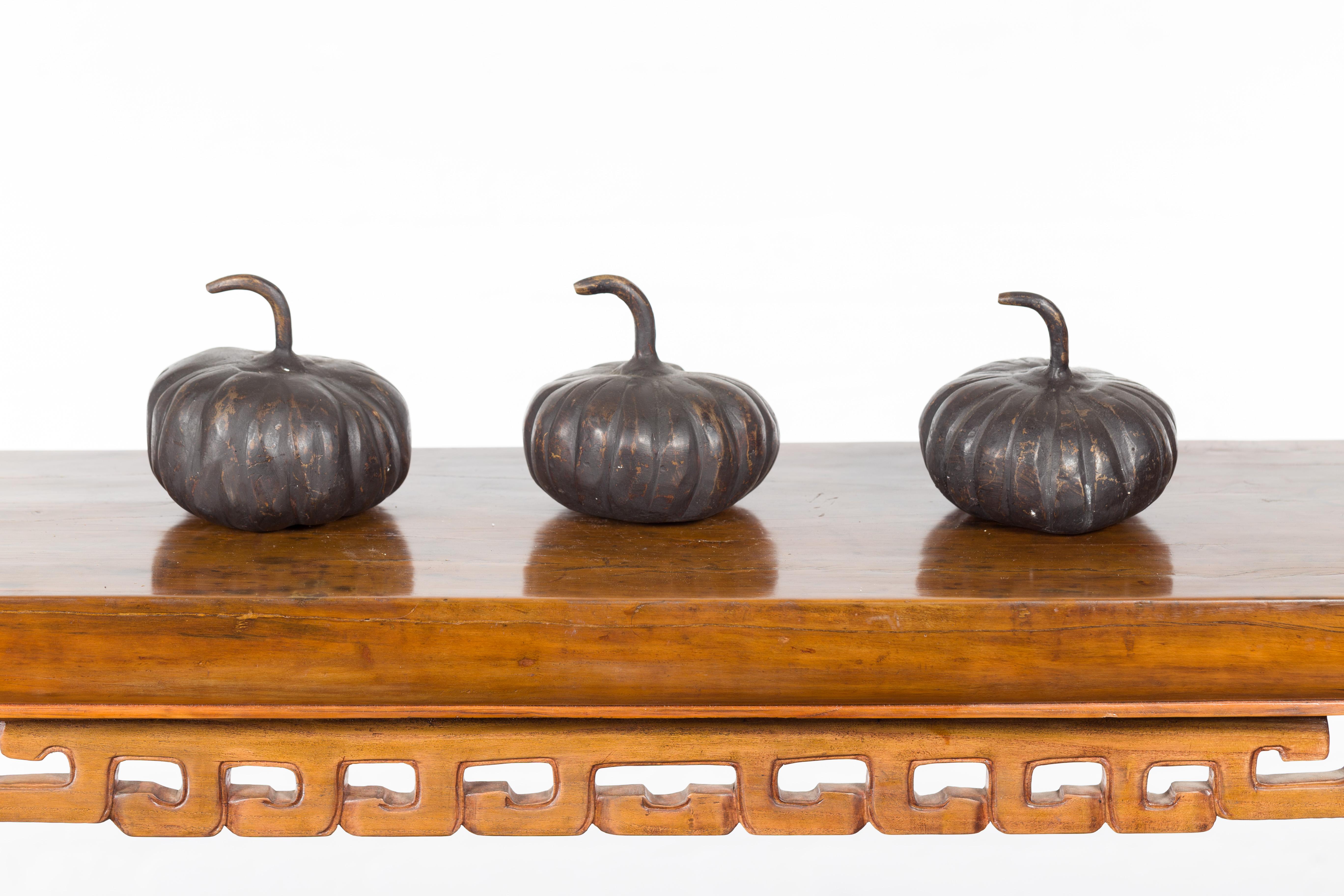 Contemporary Small Lost Wax Bronze Pumpkin Sculpture with Dark Patina, Sold Each For Sale 7