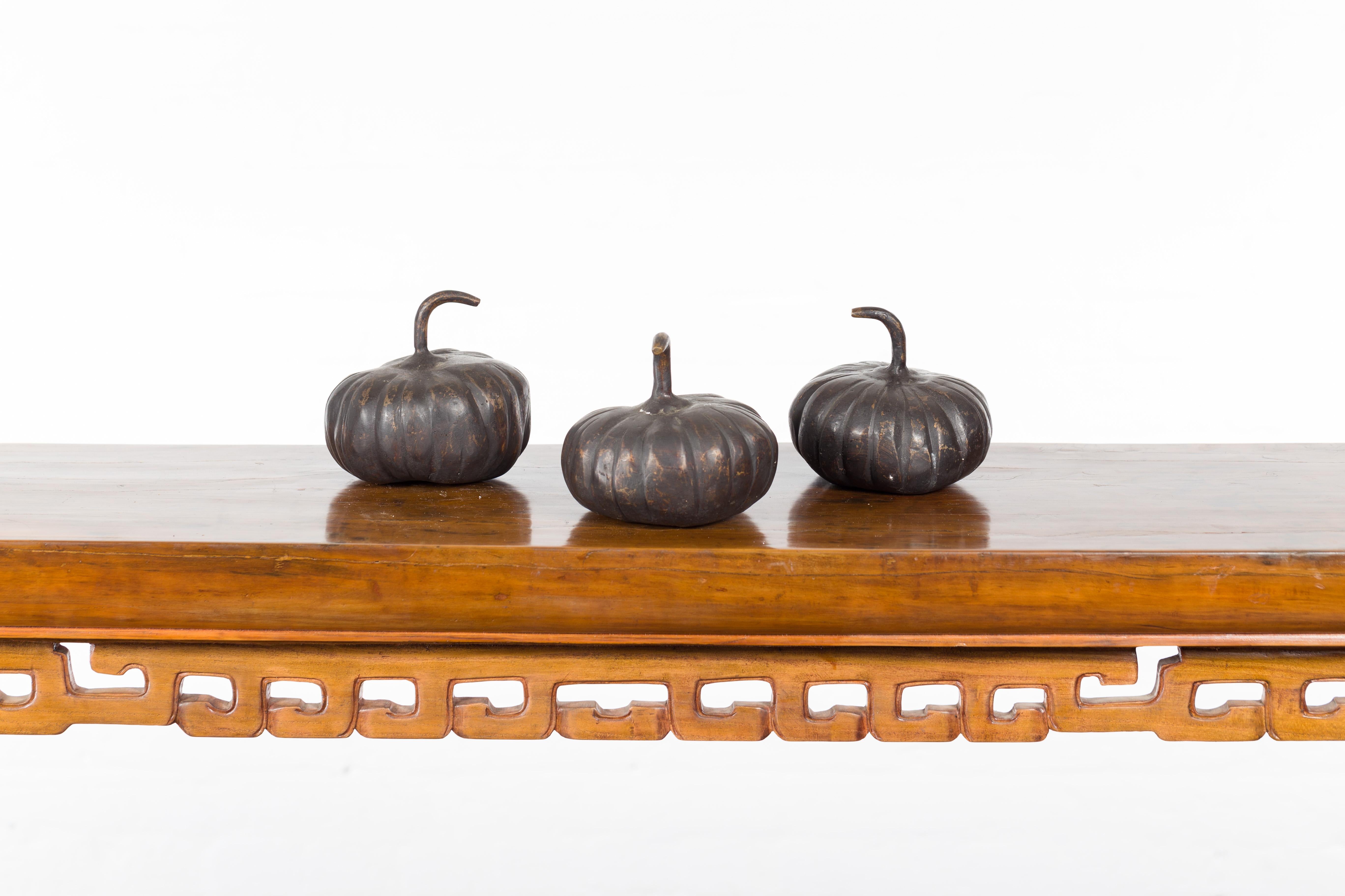 Contemporary Small Lost Wax Bronze Pumpkin Sculpture with Dark Patina, Sold Each In Good Condition For Sale In Yonkers, NY