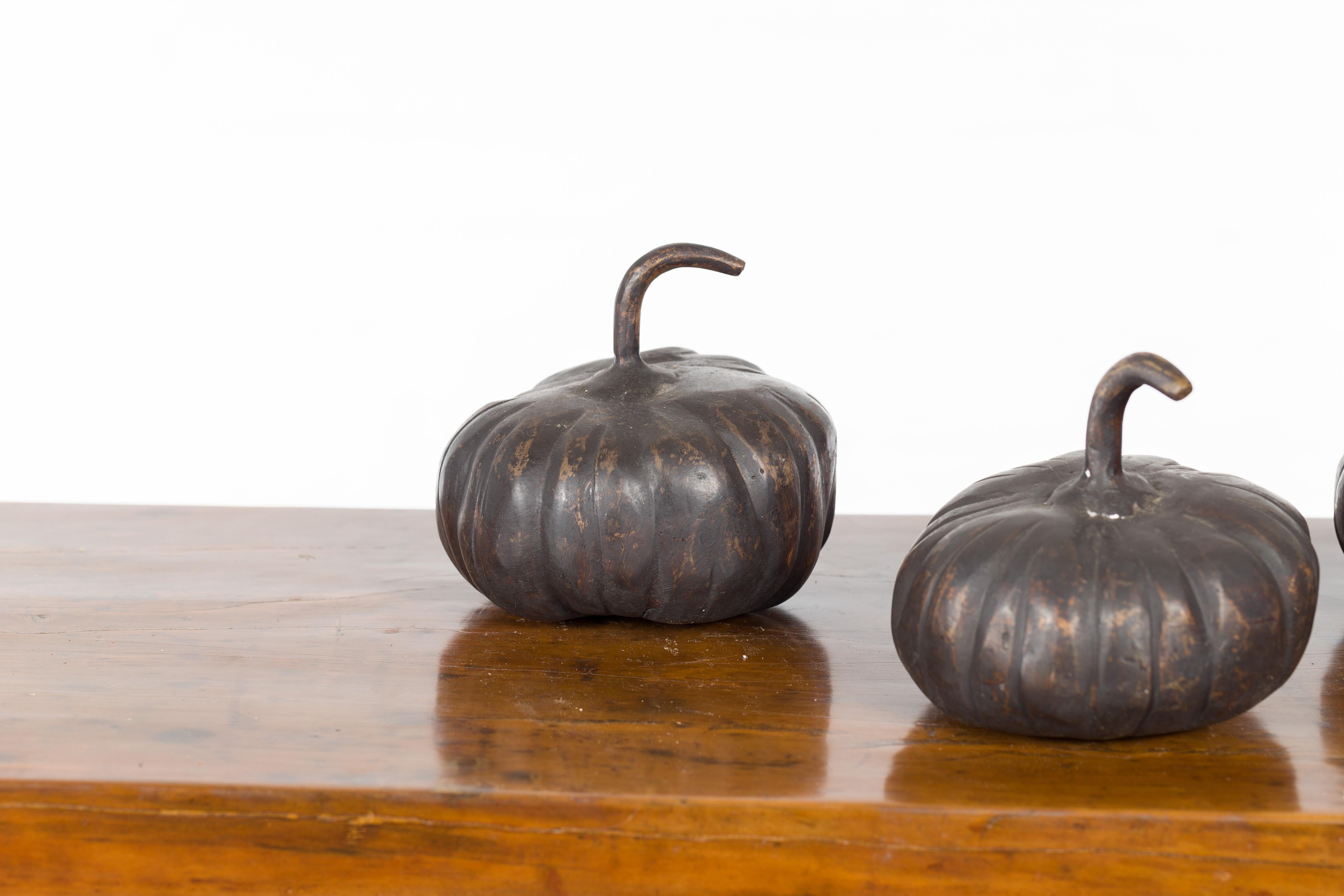 Contemporary Small Lost Wax Bronze Pumpkin Sculpture with Dark Patina, Sold Each For Sale 2