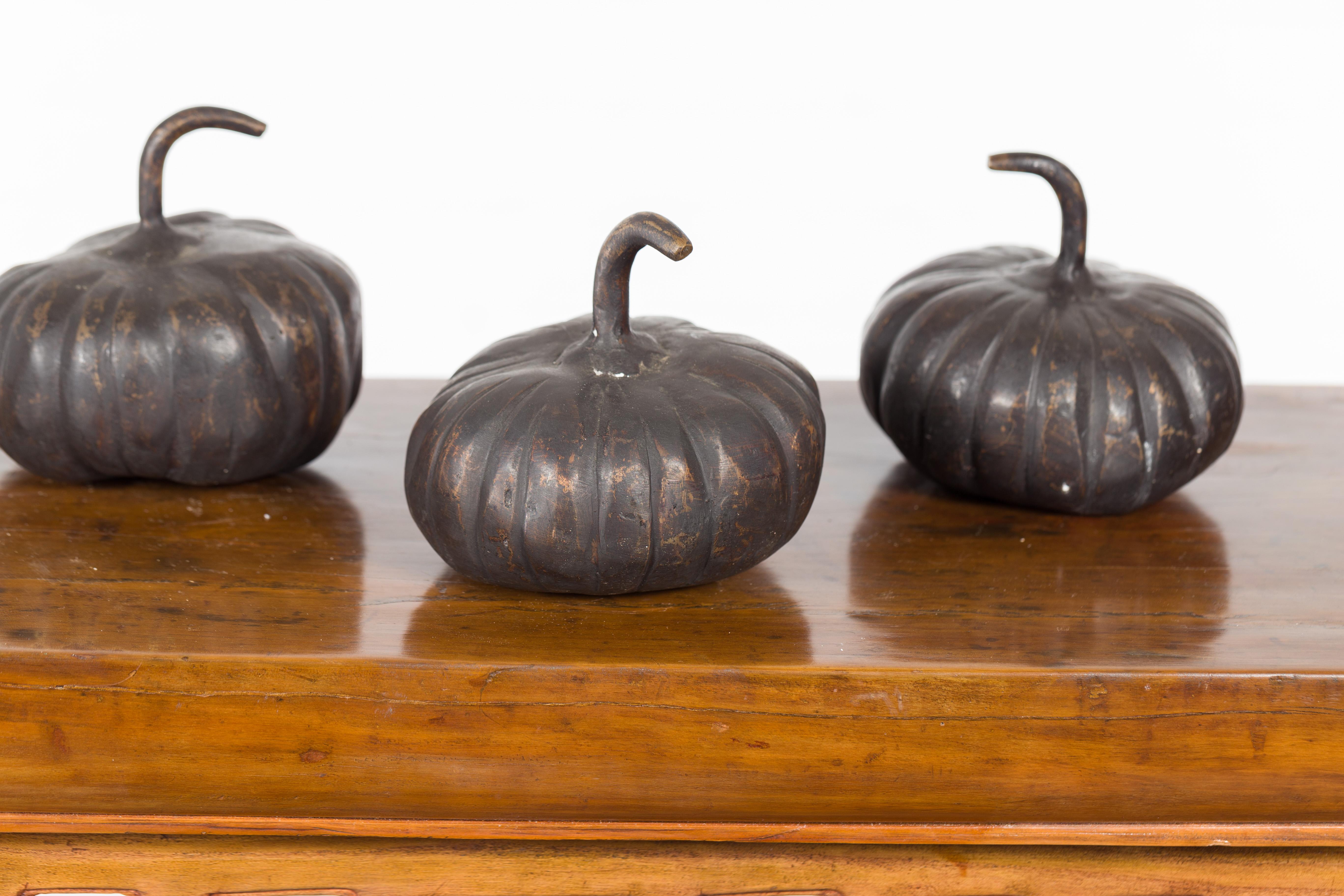 Contemporary Small Lost Wax Bronze Pumpkin Sculpture with Dark Patina, Sold Each For Sale 3
