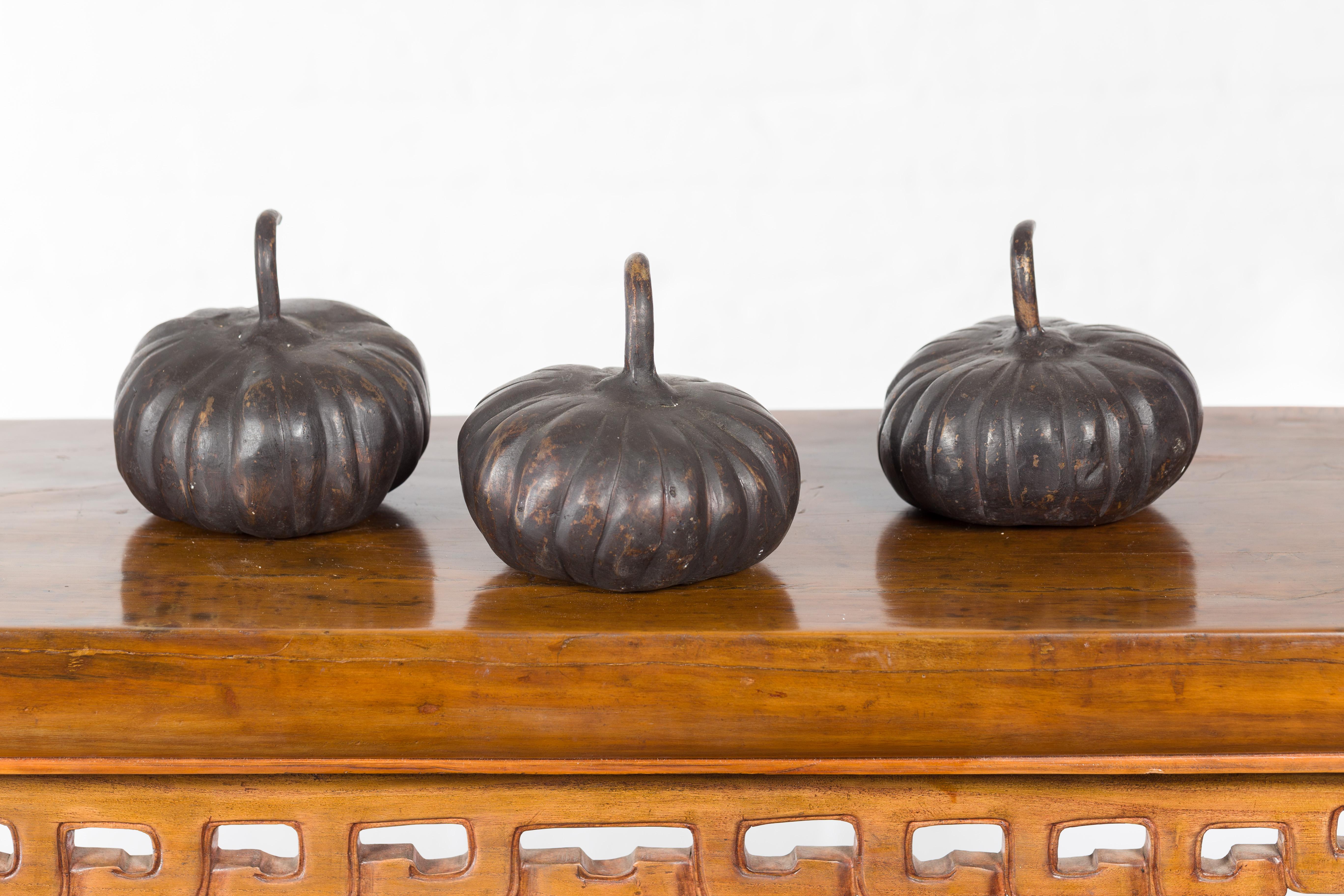 Contemporary Small Lost Wax Bronze Pumpkin Sculpture with Dark Patina, Sold Each For Sale 5