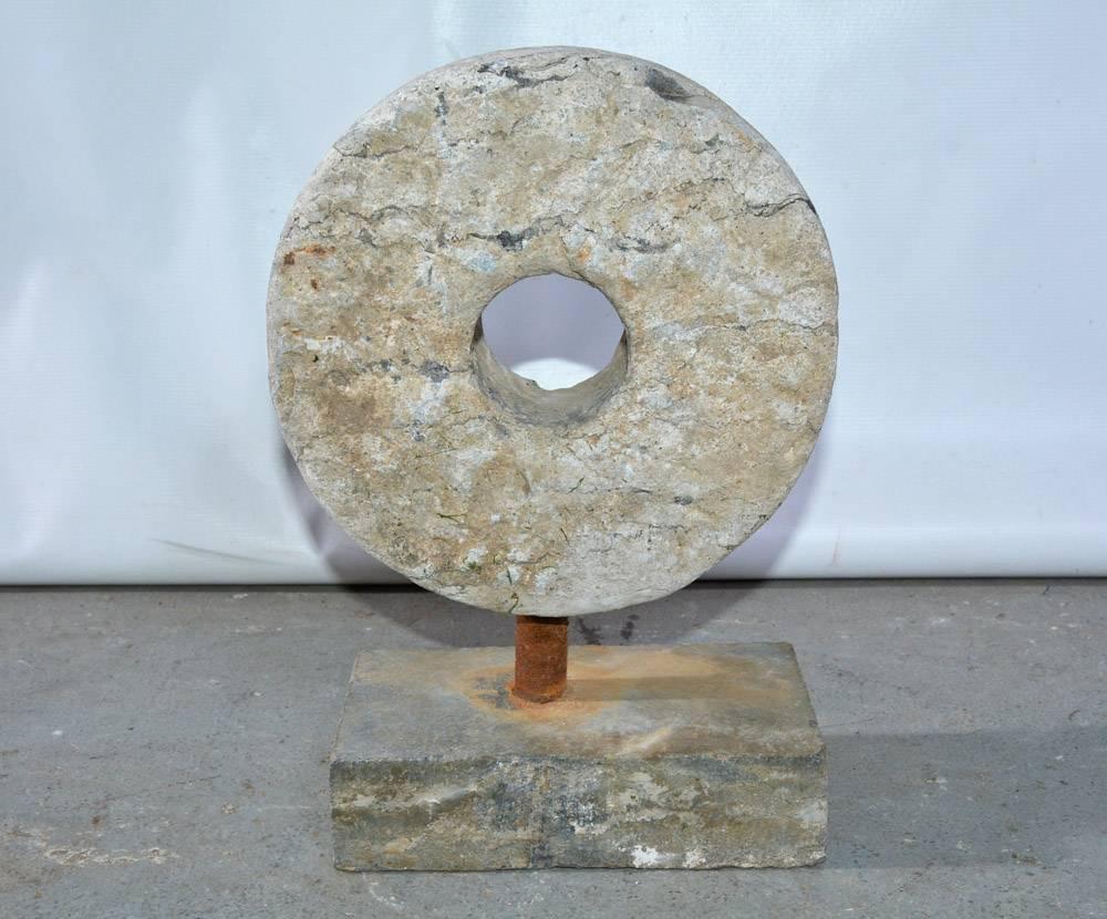 Organic Modern Contemporary Small Mill-Stone-on-Stand Sculpture For Sale