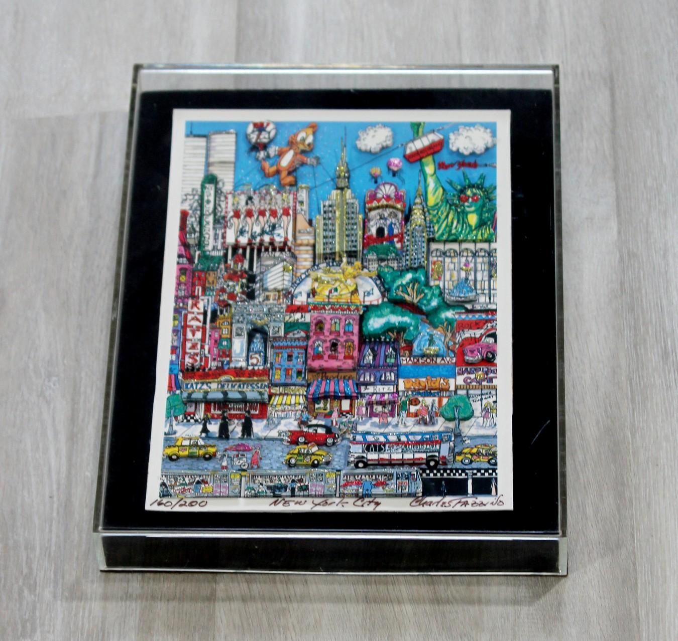 NYC by Fazzino is a limited edition mixed-media 3-D serigraph with glitter embellishments. This piece is from early in his career. In excellent condition. This piece measures 10.25