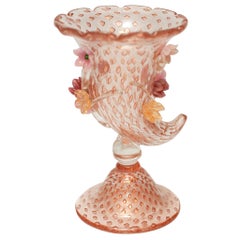 Contemporary Small Pink Murano Glass Vase with Floral Detail