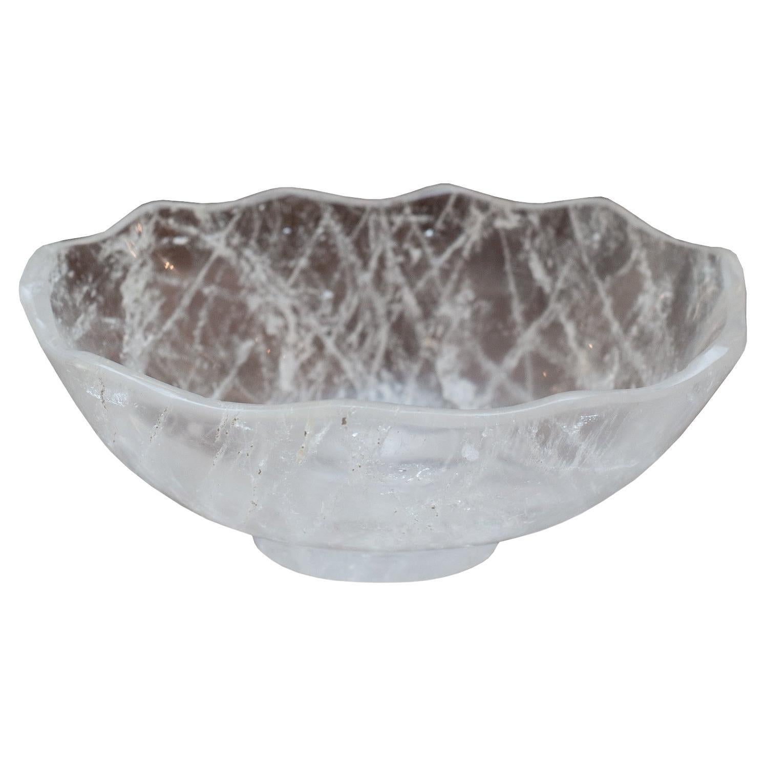 Contemporary Small Scalloped Rock Crystal Bowl with Foot For Sale