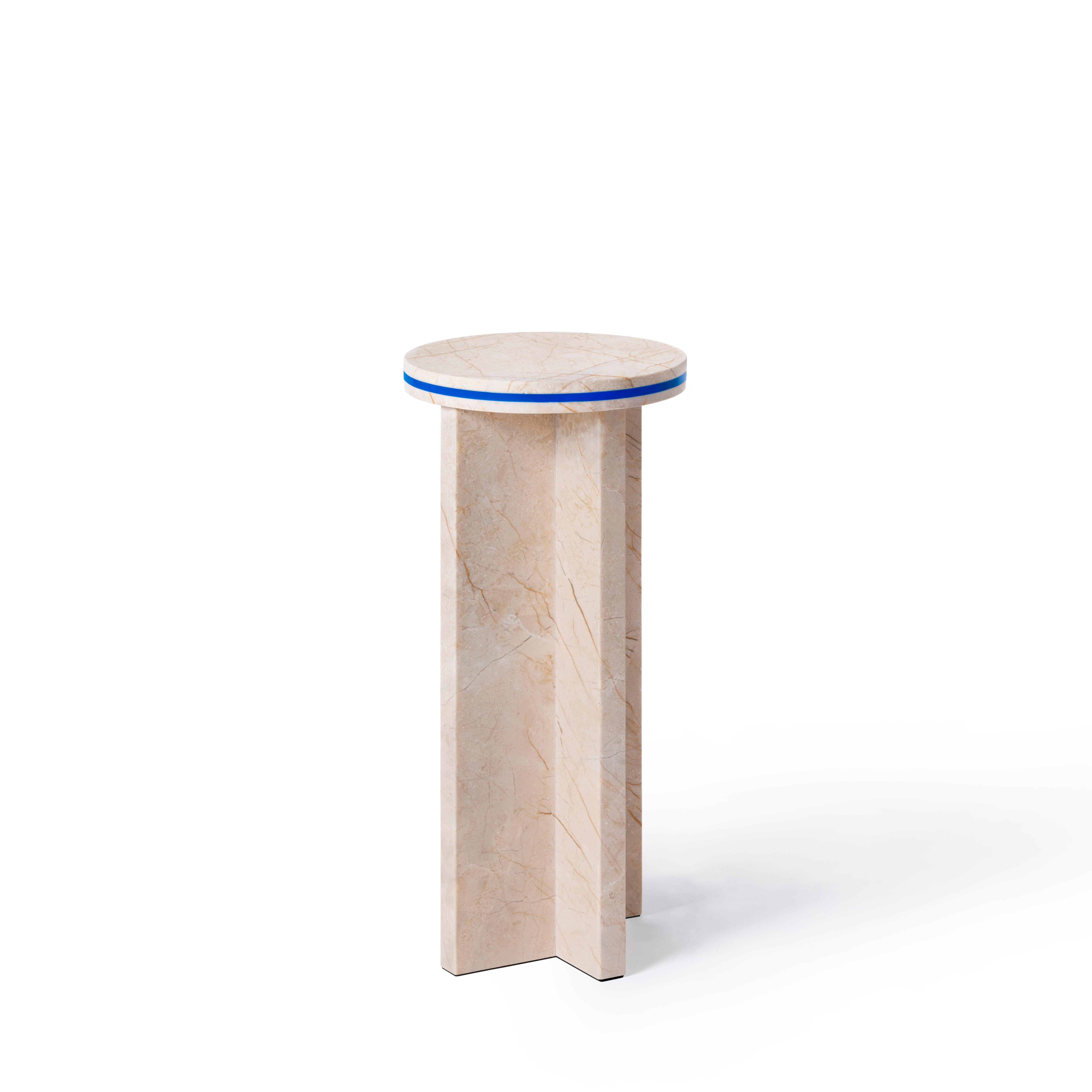 'Dislocation' collection by Buzao, small table
Golden Sunset marble, blue acrylic
Measures: 26 x 26 x H 54 cm

Studio Buzao from Guangzhou (China) is exploring innovation with furniture and lighting design. From marble to lava stone, from
