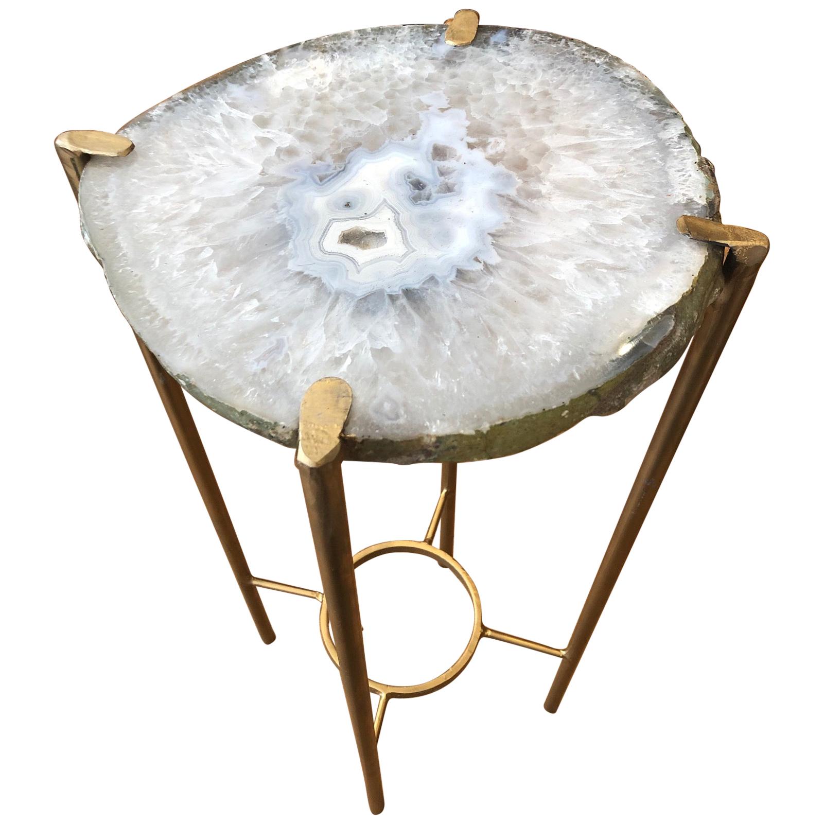 Contemporary Smokey White and Blue Quartz End Table with Exposed Crystal Center