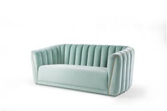 Contemporary Sofa in Creamy Green Velvet and Gold Nials