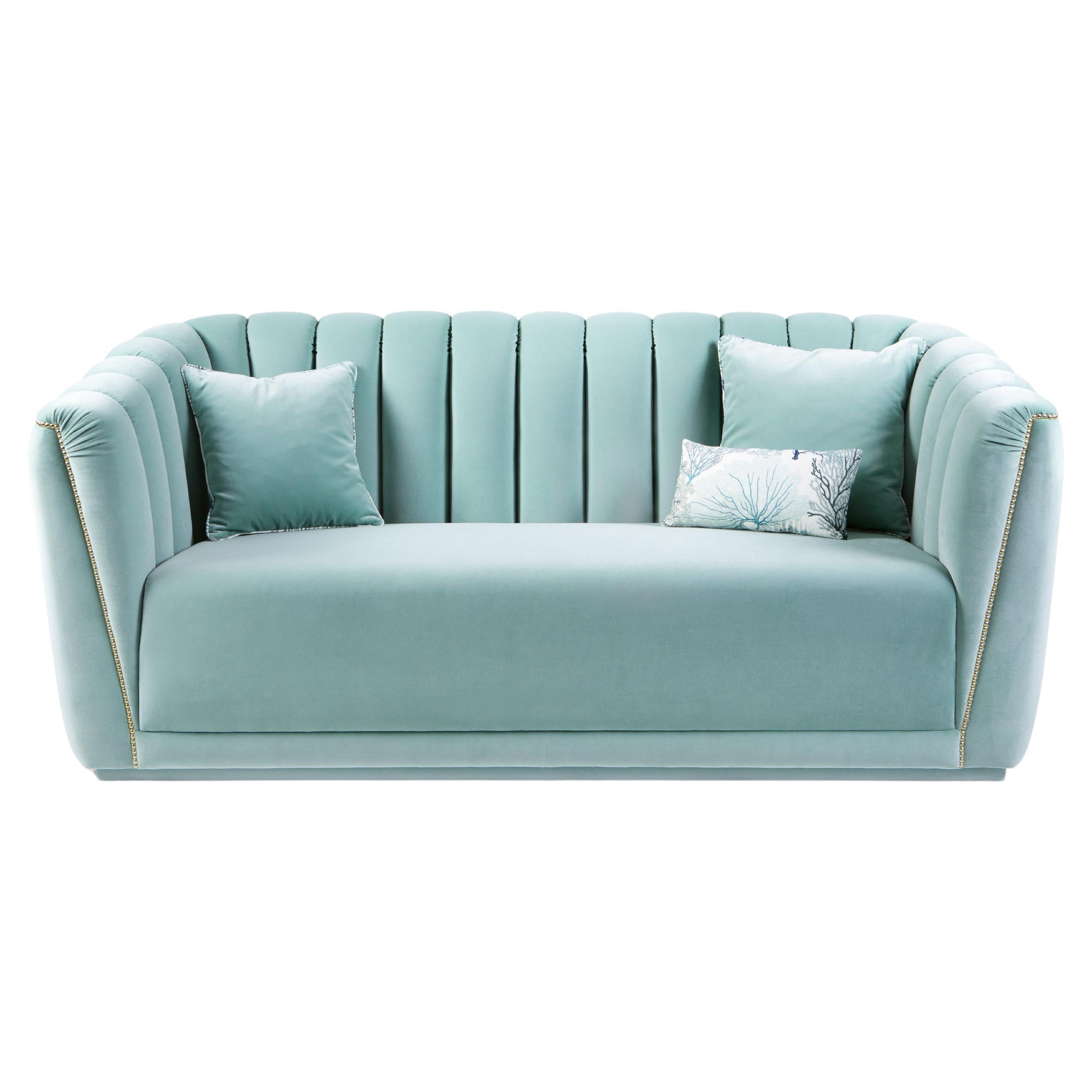 Contemporary Sofa in Creamy Green Velvet and Gold Nials For Sale