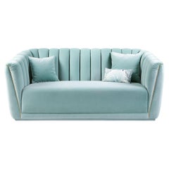 Vintage Contemporary Sofa in Creamy Green Velvet and Gold Nials