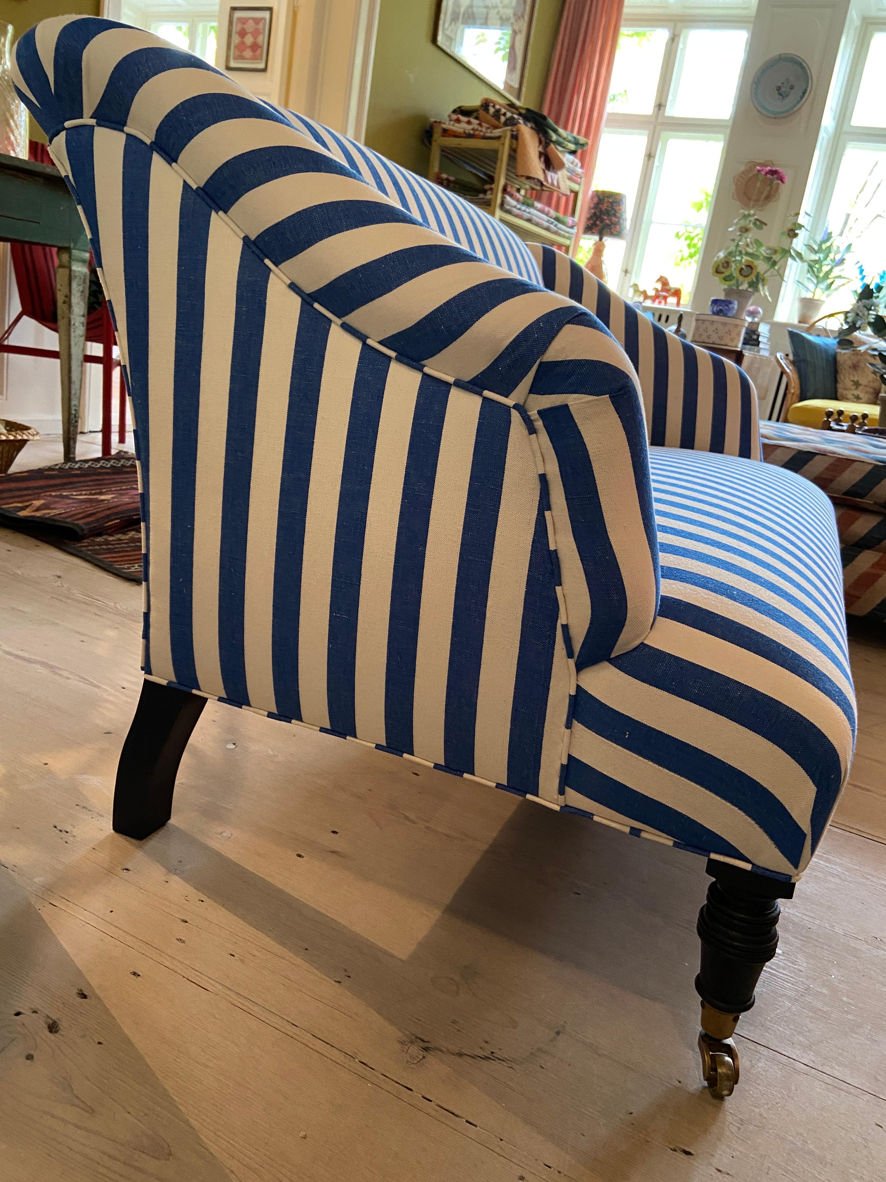 Contemporary Sofa in Customized Blue Striped Upholstery, Belgium, 2020s For Sale 1