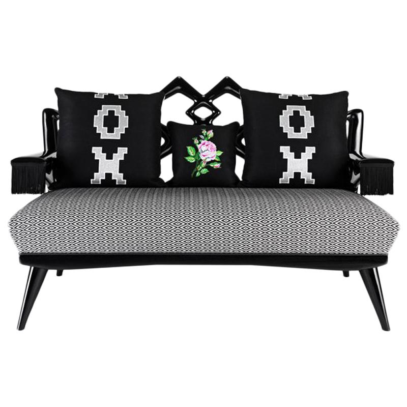 Sofa in Fabric with Embroidered Cushions For Sale