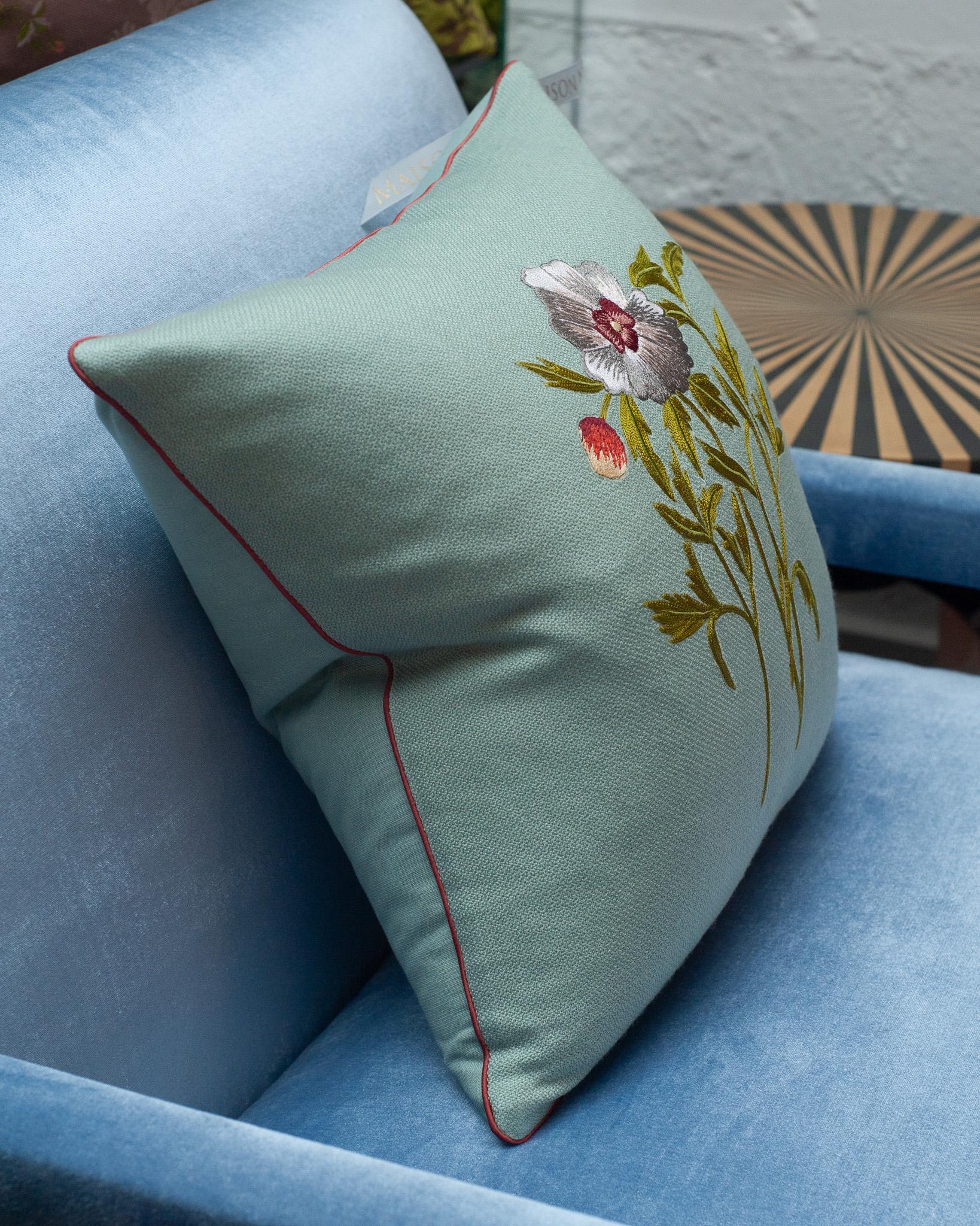 Contemporary Soft Blue Merino Wool and Linen Pillow with Embroidered Flower In New Condition For Sale In Toronto, ON