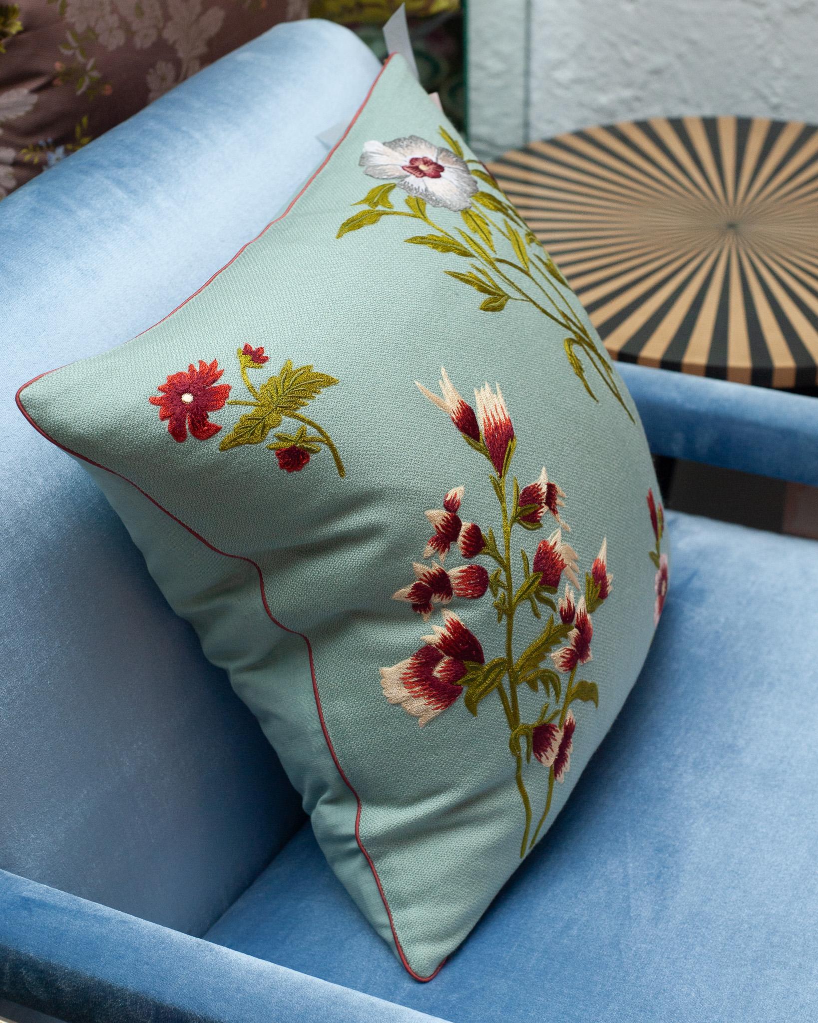 Contemporary Soft Blue Merino Wool and Linen Pillow with Embroidered Florals In New Condition For Sale In Toronto, ON