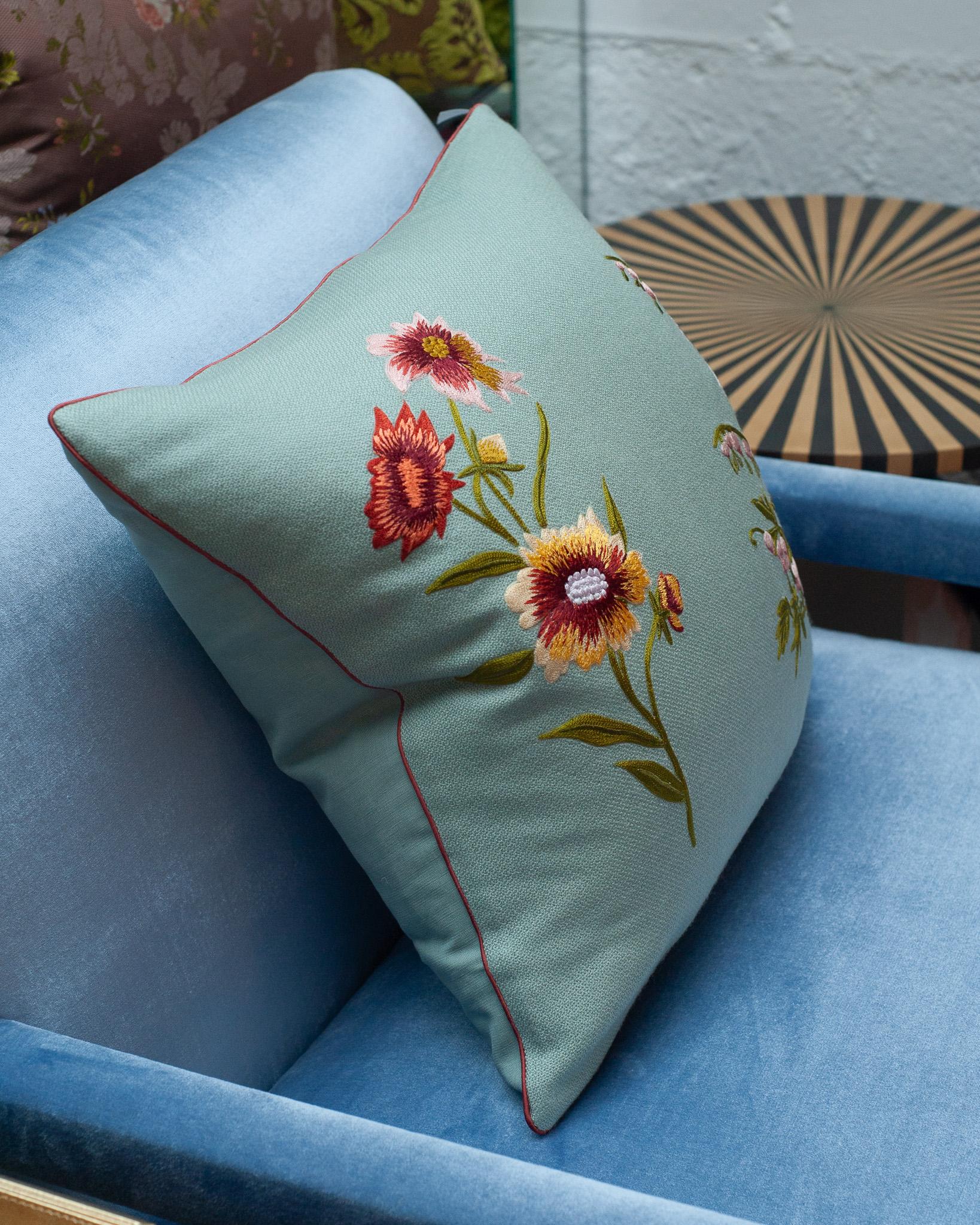 Contemporary Soft Blue Merino Wool and Linen Pillow with Embroidered Florals In New Condition For Sale In Toronto, ON