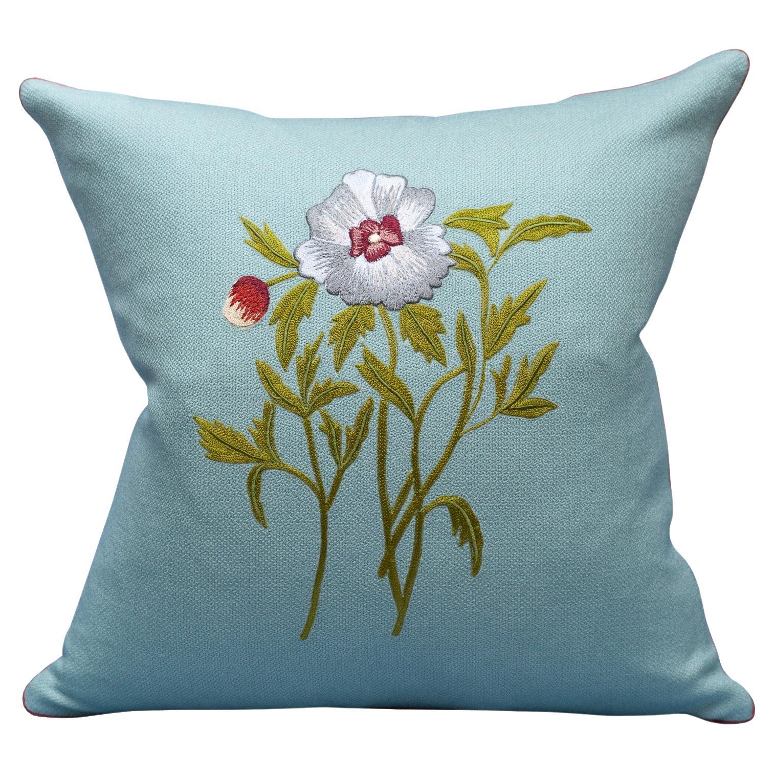 Contemporary Soft Blue Merino Wool and Linen Pillow with Embroidered Flower For Sale
